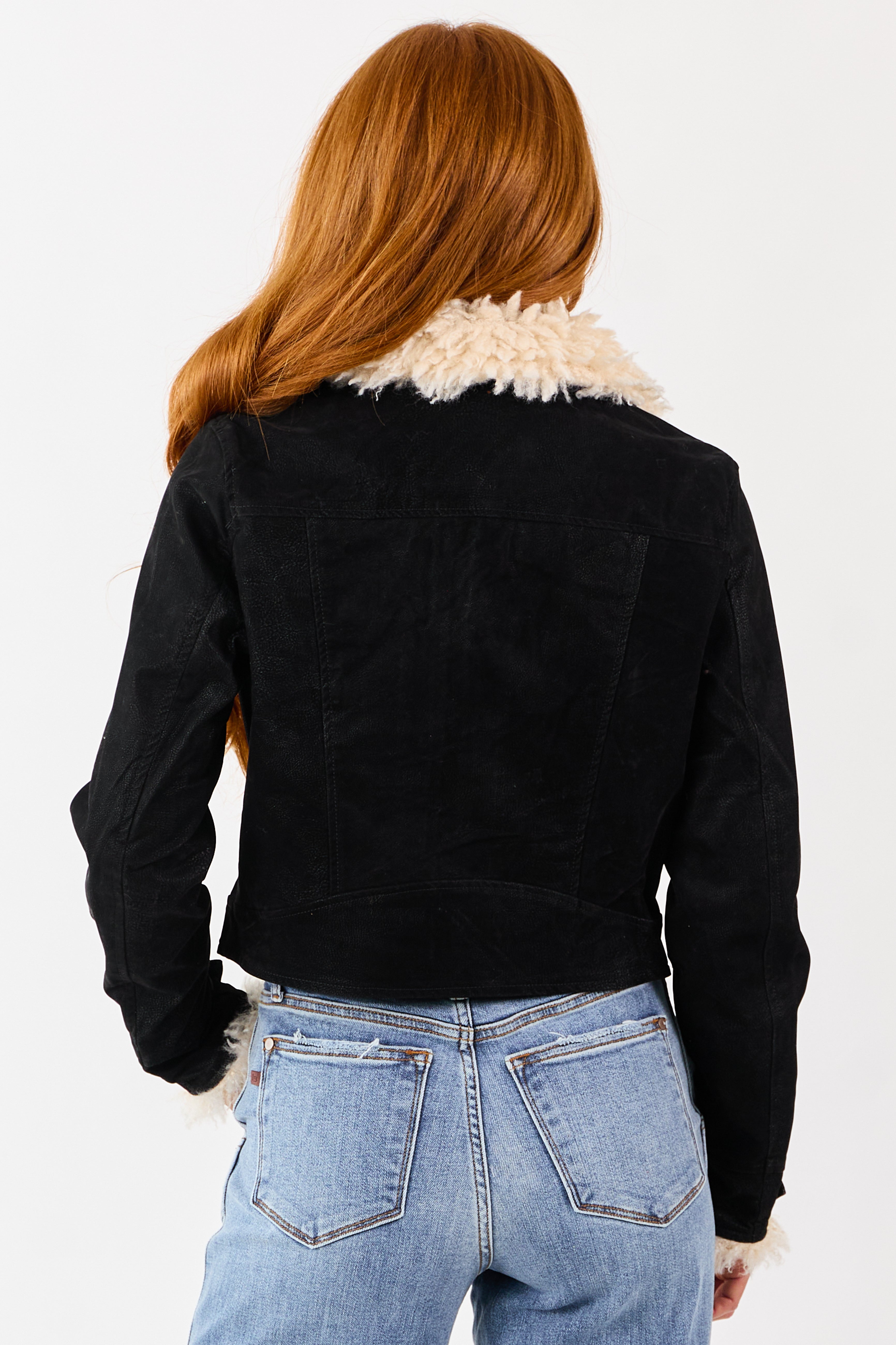 Black Faux Leather Zip Up Sherpa Aviator Jacket