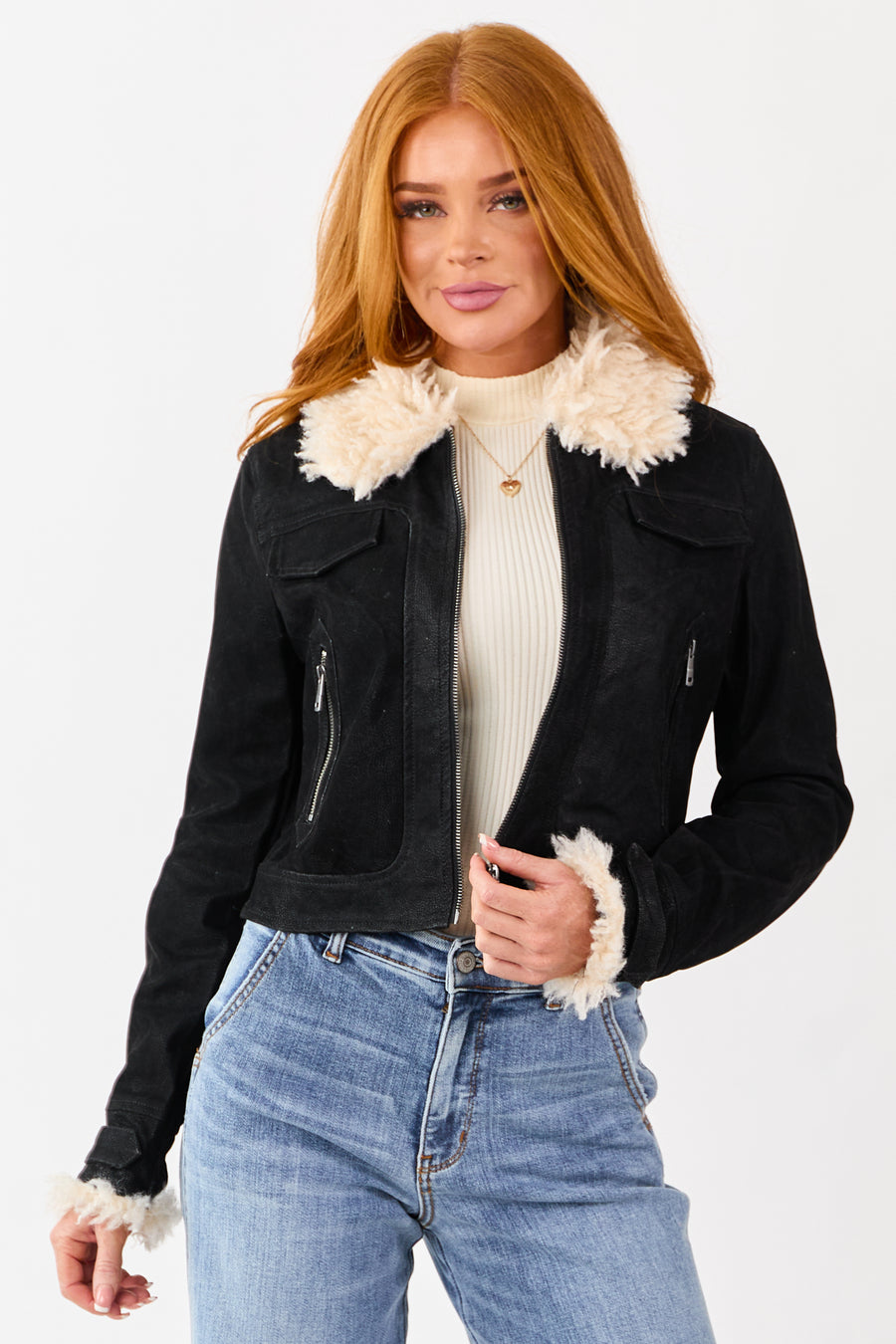 Black Faux Leather Zip Up Sherpa Aviator Jacket