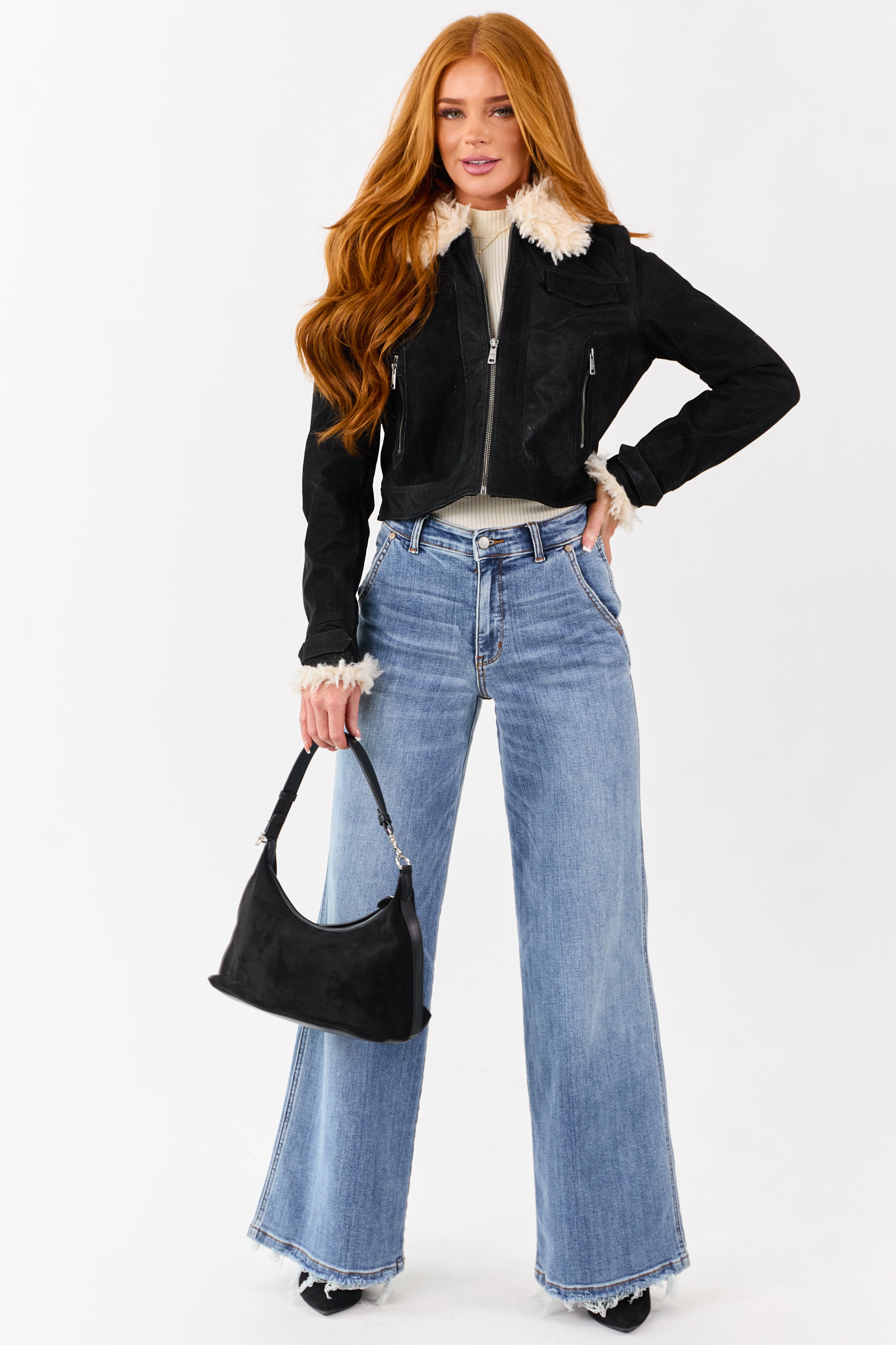 Black Faux Leather Zip Up Sherpa Aviator Jacket