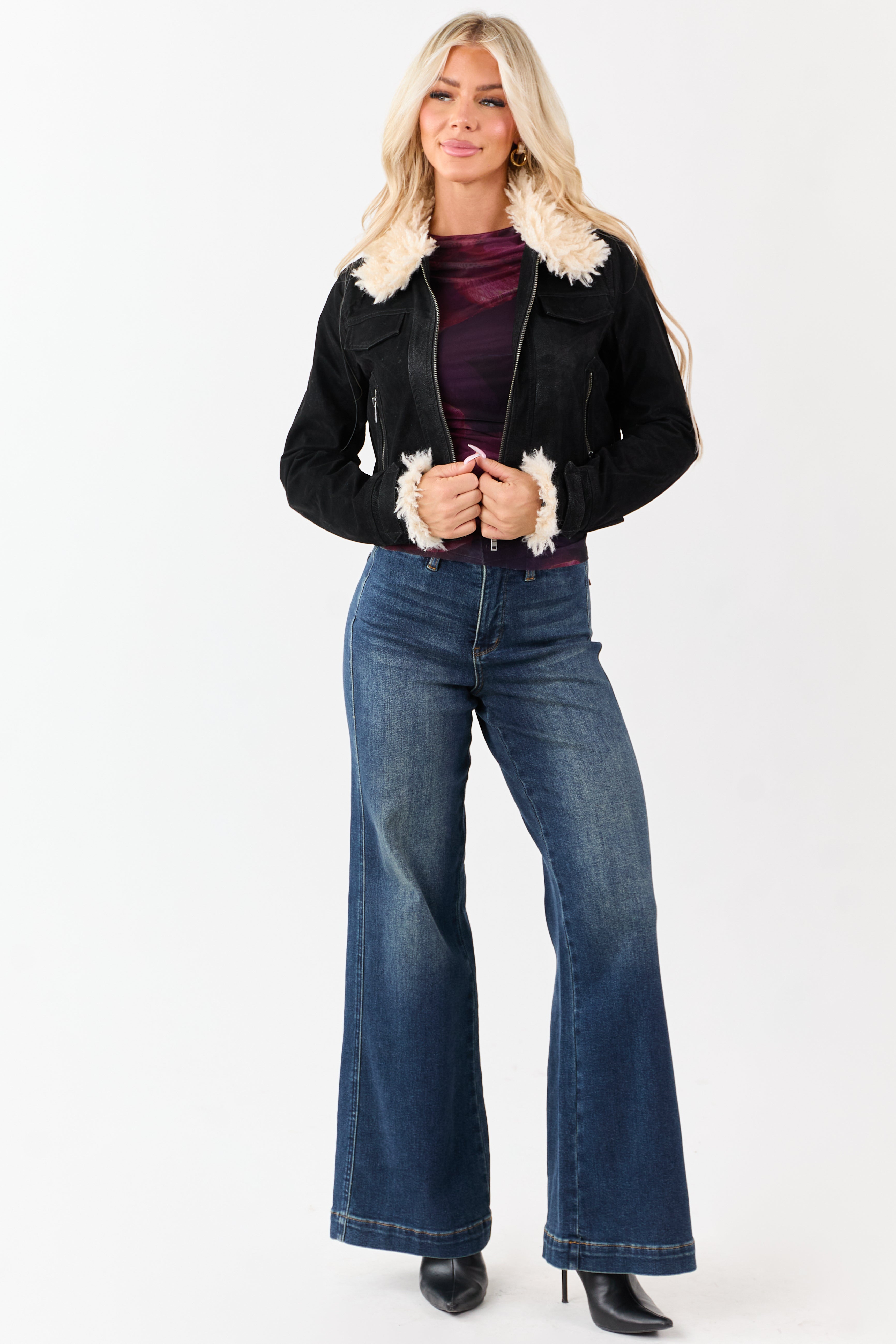 Black Faux Leather Zip Up Sherpa Aviator Jacket