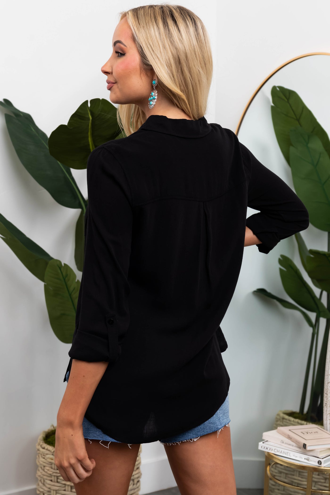 Black Faux Linen Rolled Cuff Collared Shirt