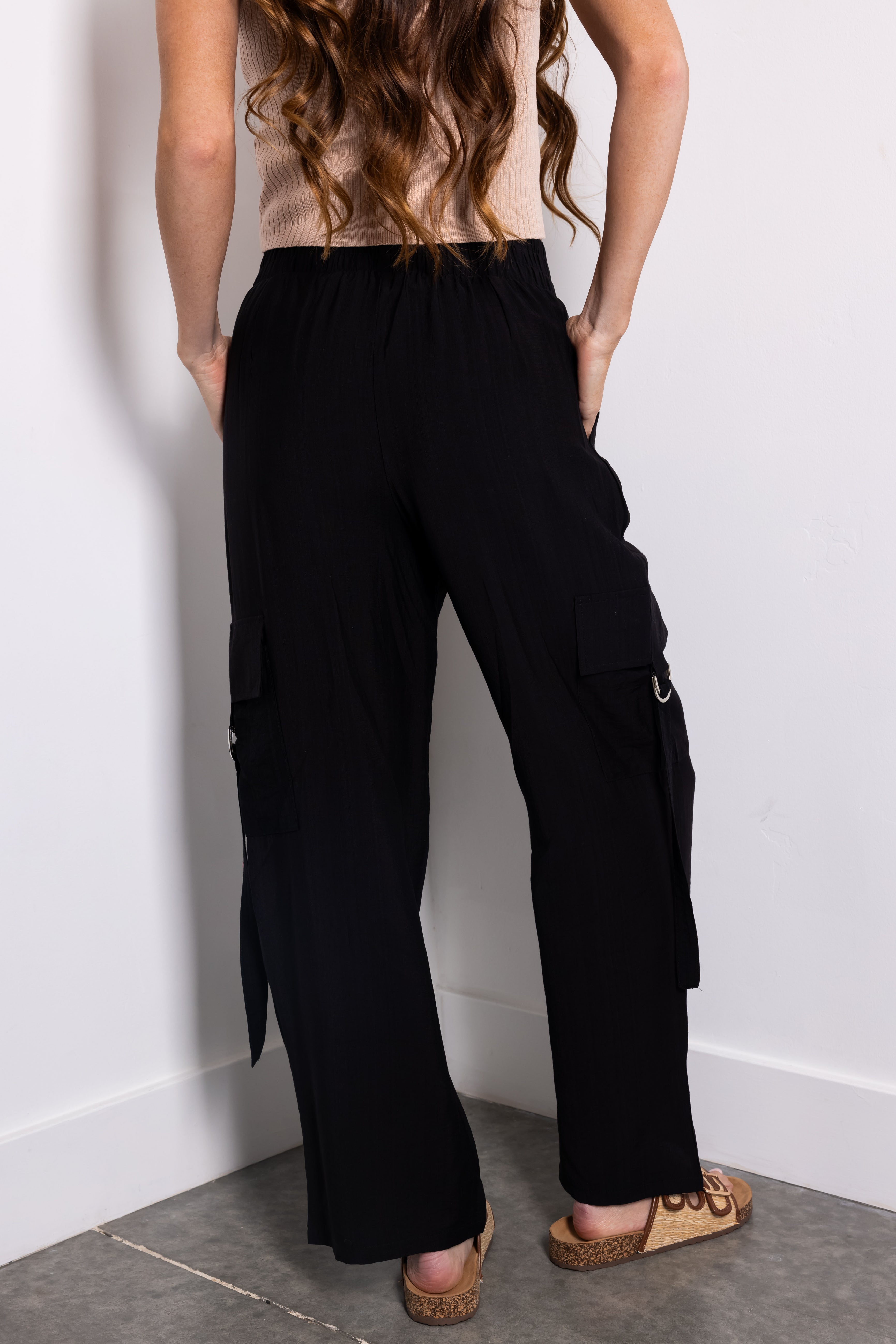 パンツ ANOTHER A Linen Wide Cargo Pants Charcoal LINEN WIDE CARGO P Black Faux Linen Wide Leg Cargo Pants | Lime Lush Boutique