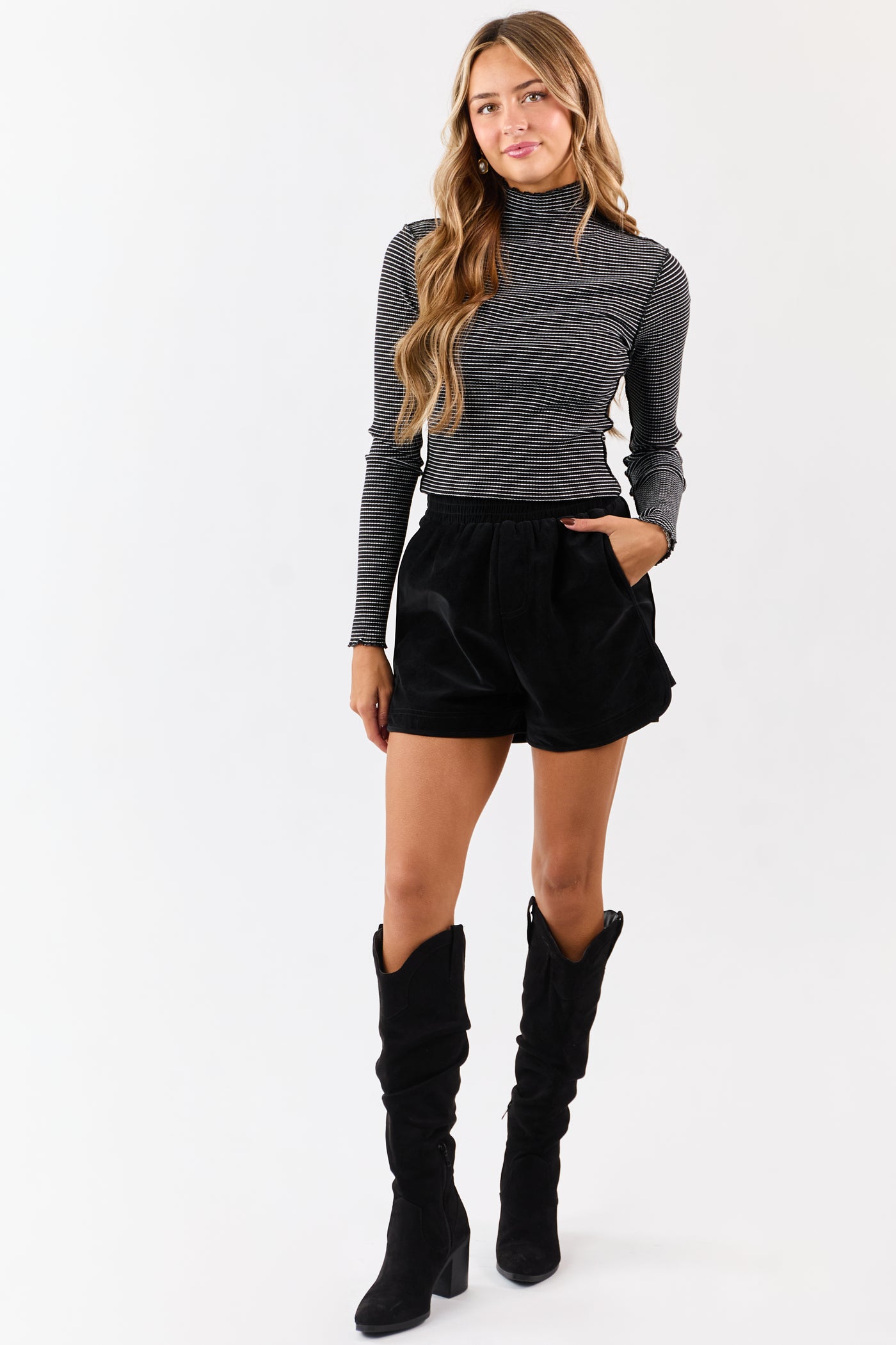 Black Faux Suede Elastic Waist Lined Shorts