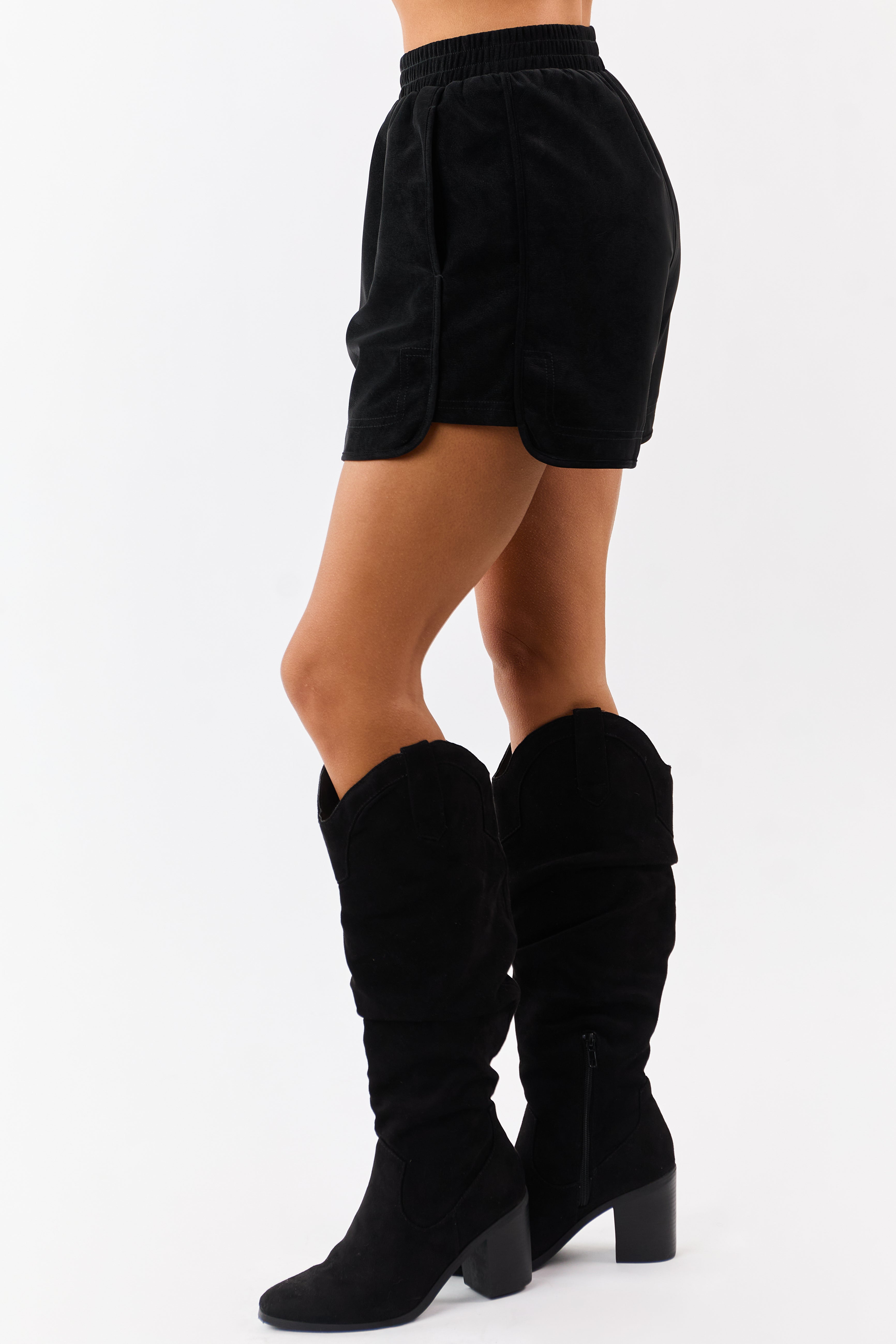 Black Faux Suede Elastic Waist Lined Shorts | Lime Lush Boutique