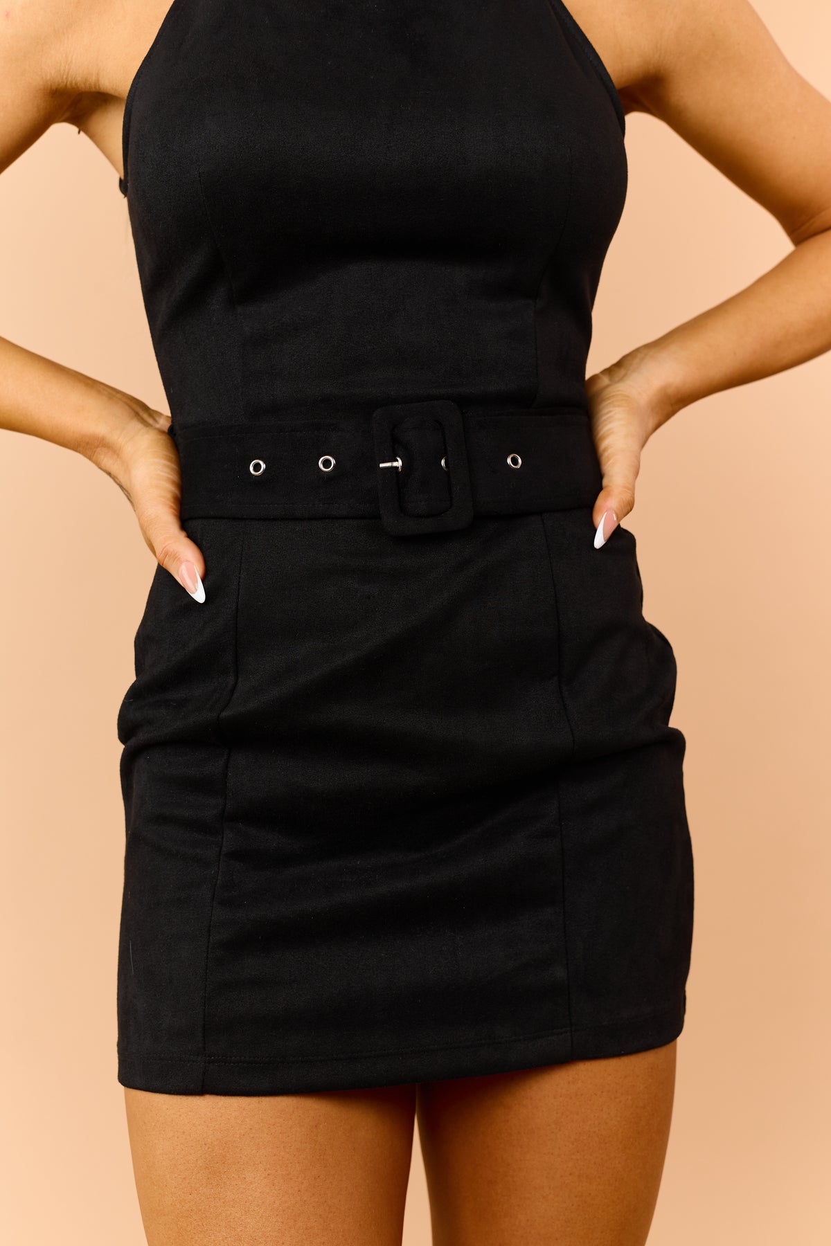 Black Faux Suede Halter Neck Belted Mini Dress