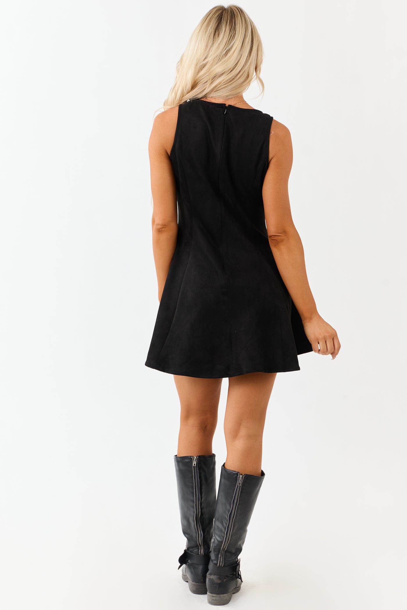 Black Faux Suede Round Neck Sleeveless Mini Dress