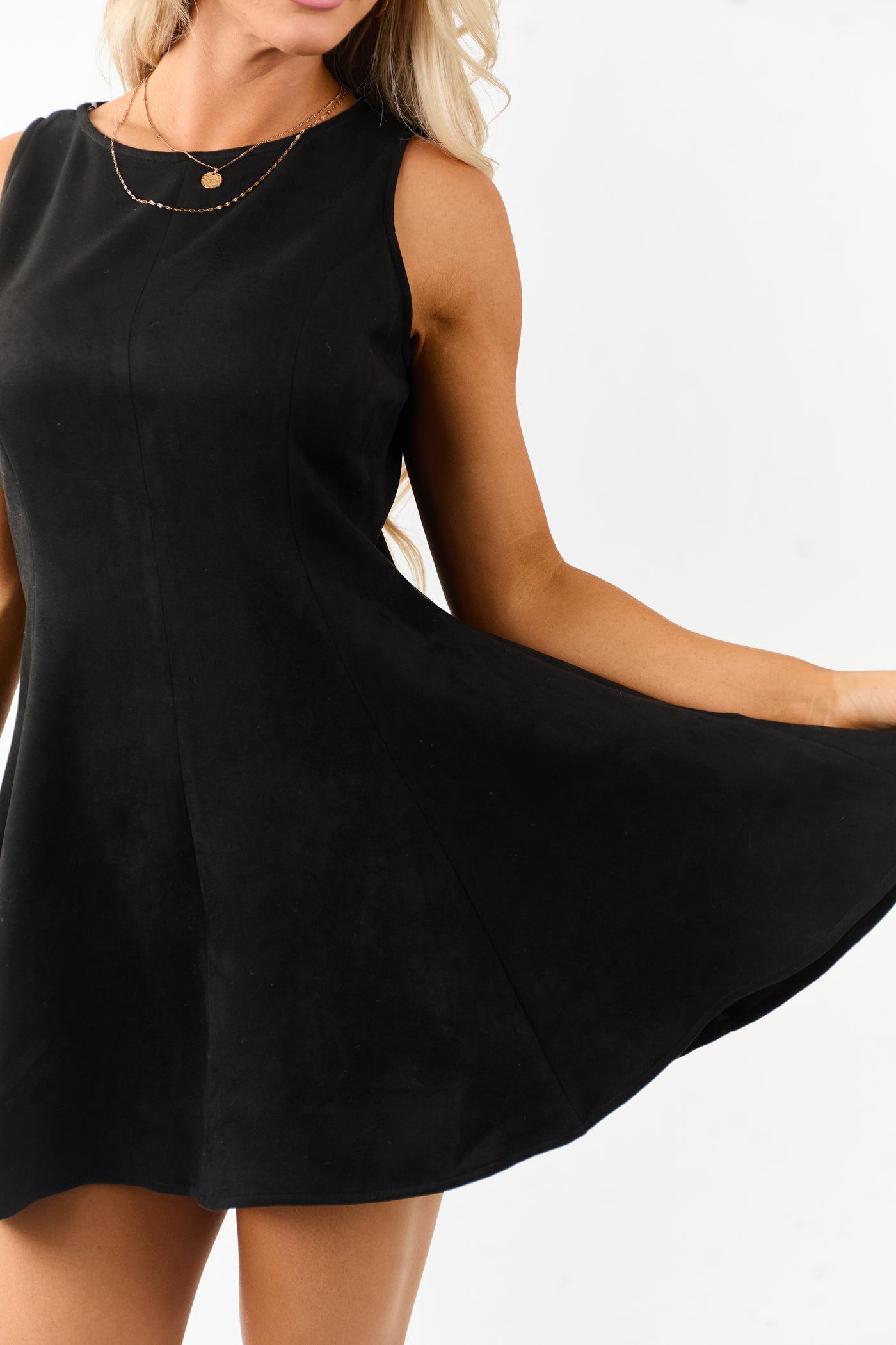 Black Faux Suede Round Neck Sleeveless Mini Dress
