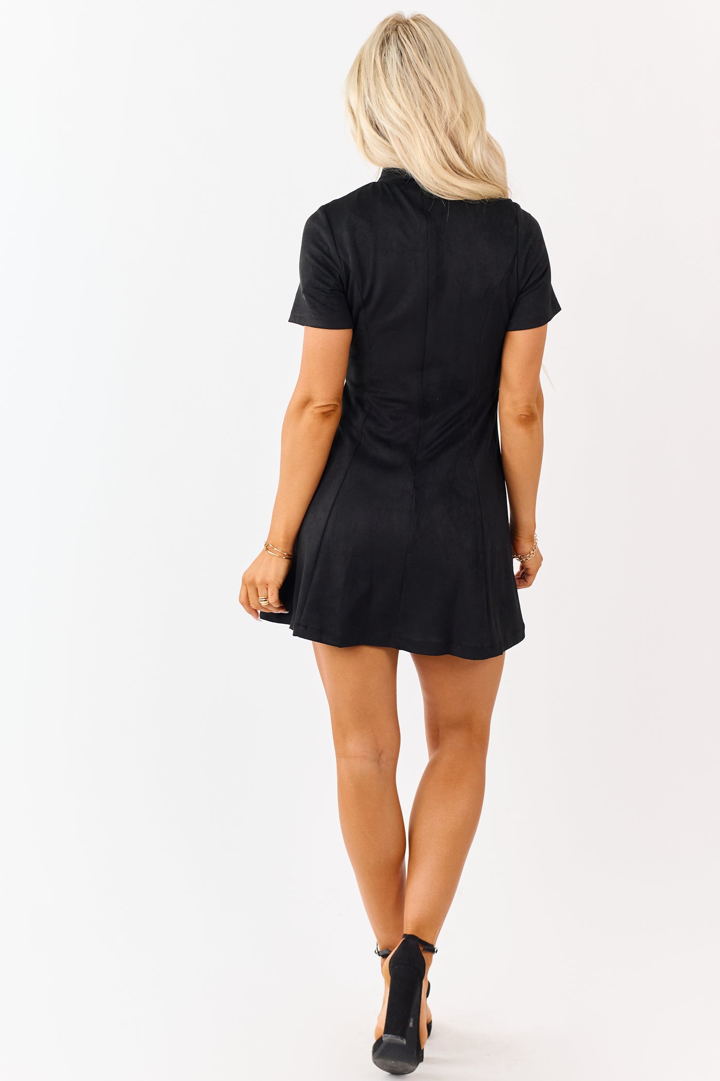 Black Faux Suede Short Sleeve Belt Mini Dress