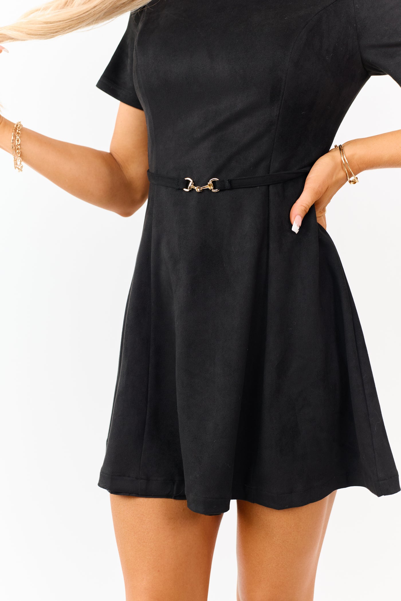 Black Faux Suede Short Sleeve Belt Mini Dress Black Faux Suede Short Sleeve Belt Mini Dress
