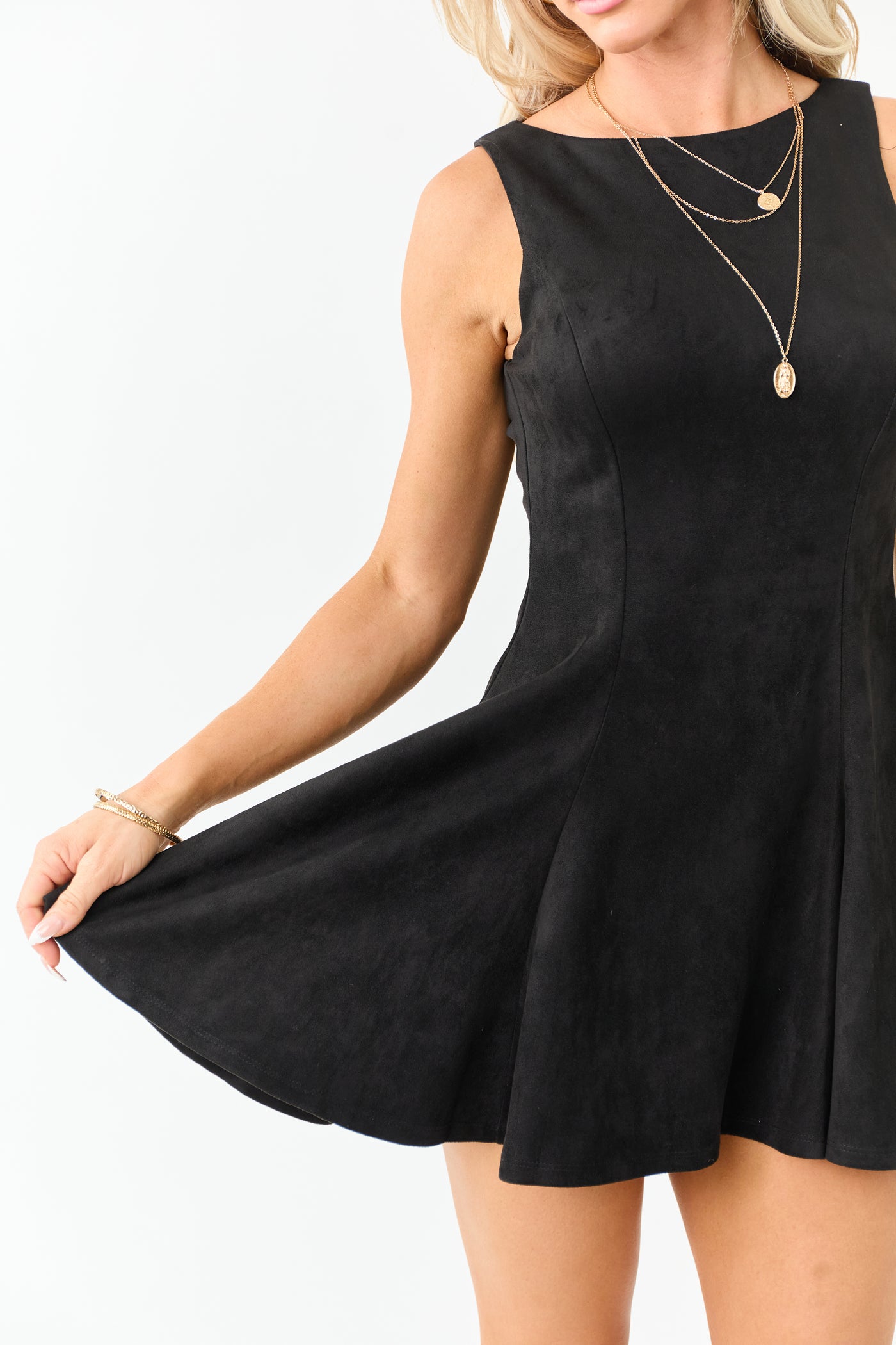 Black Faux Suede Sleeveless Flare Mini Dress