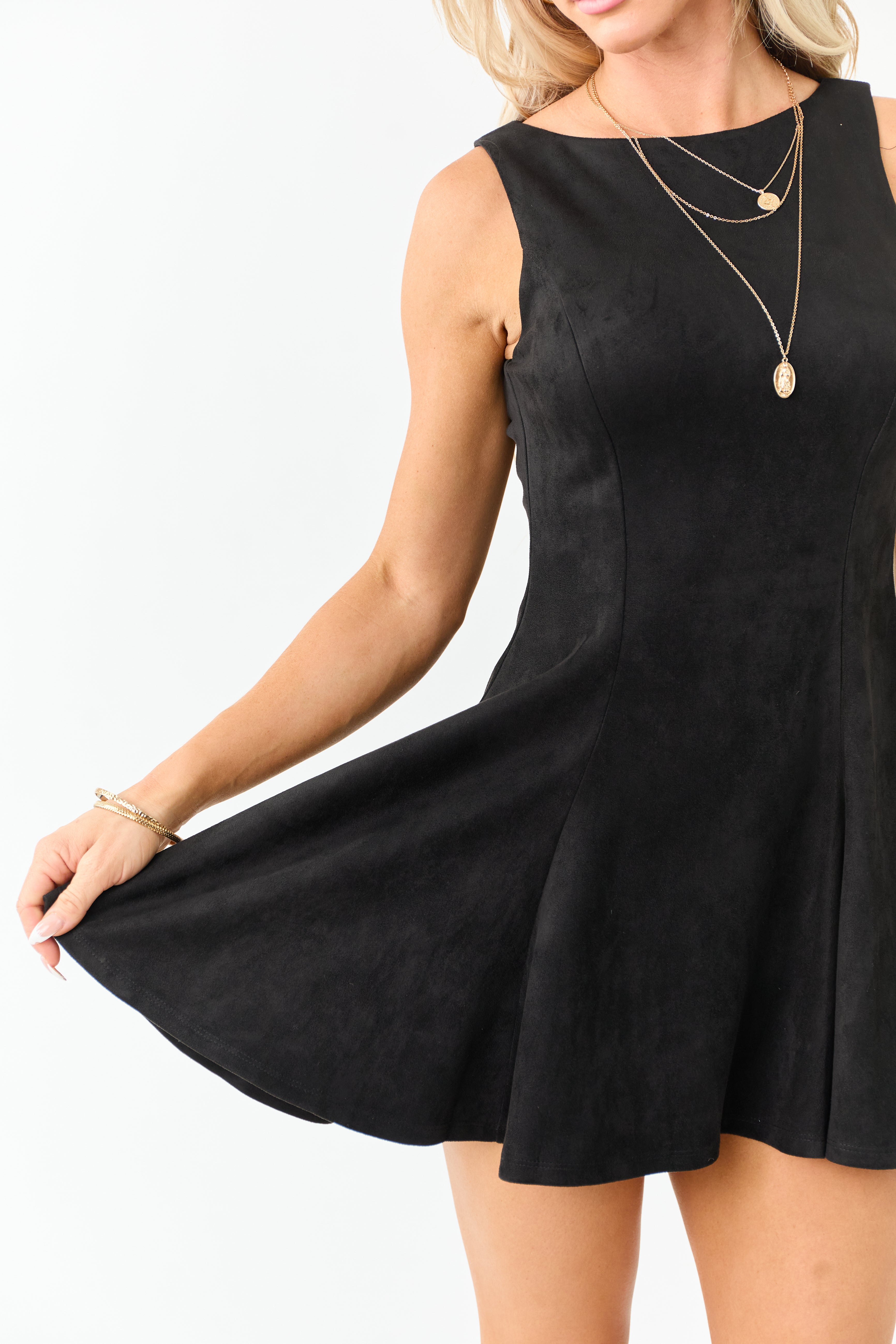 Black Faux Suede Sleeveless Flare Mini Dress
