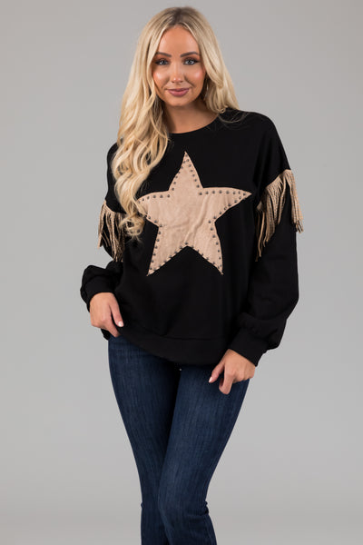 Black Faux Suede Star Studded Fringe Sweatshirt