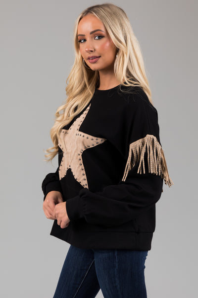 Black Faux Suede Star Studded Fringe Sweatshirt