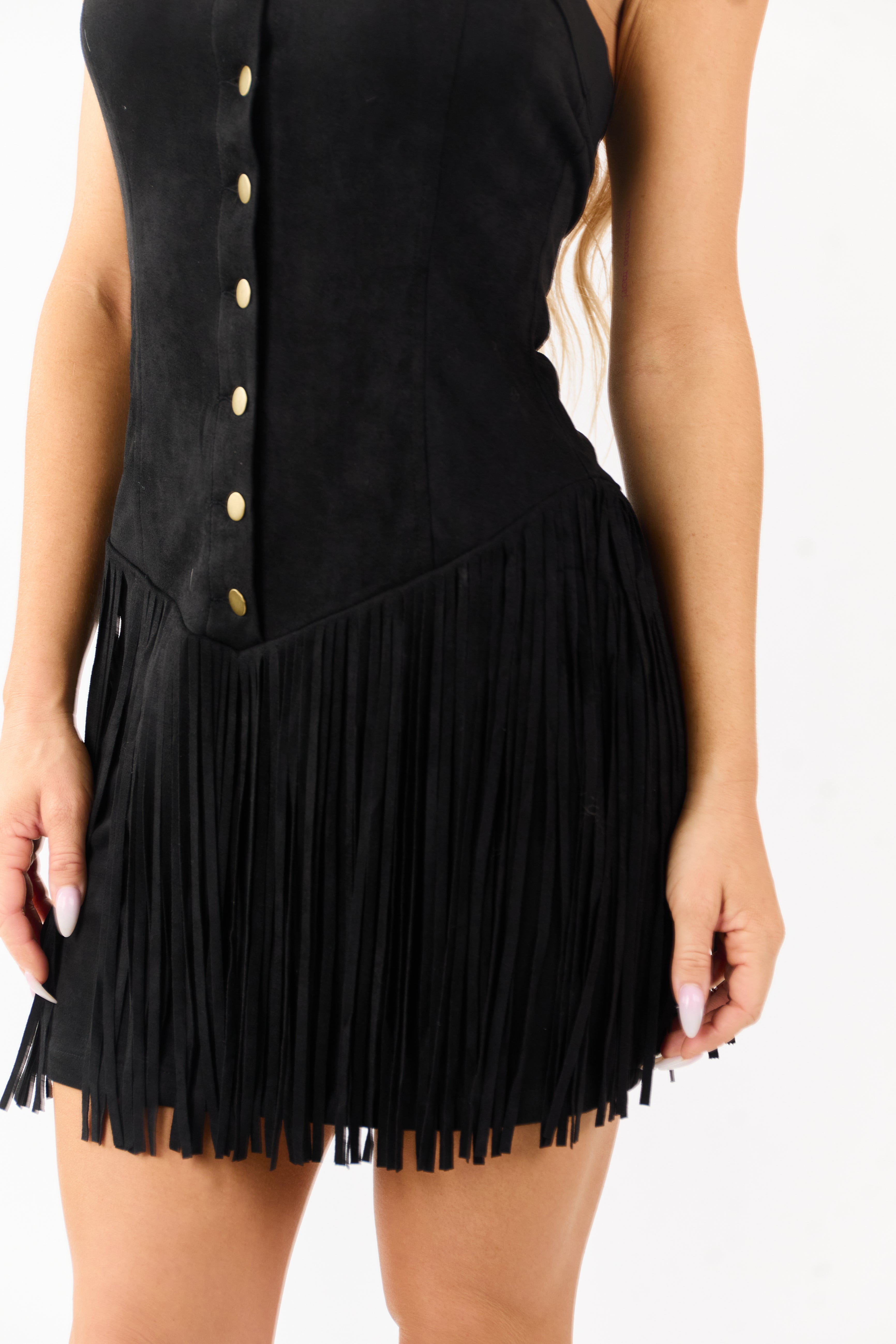 Black Faux Suede Strapless Fringe Mini Dress
