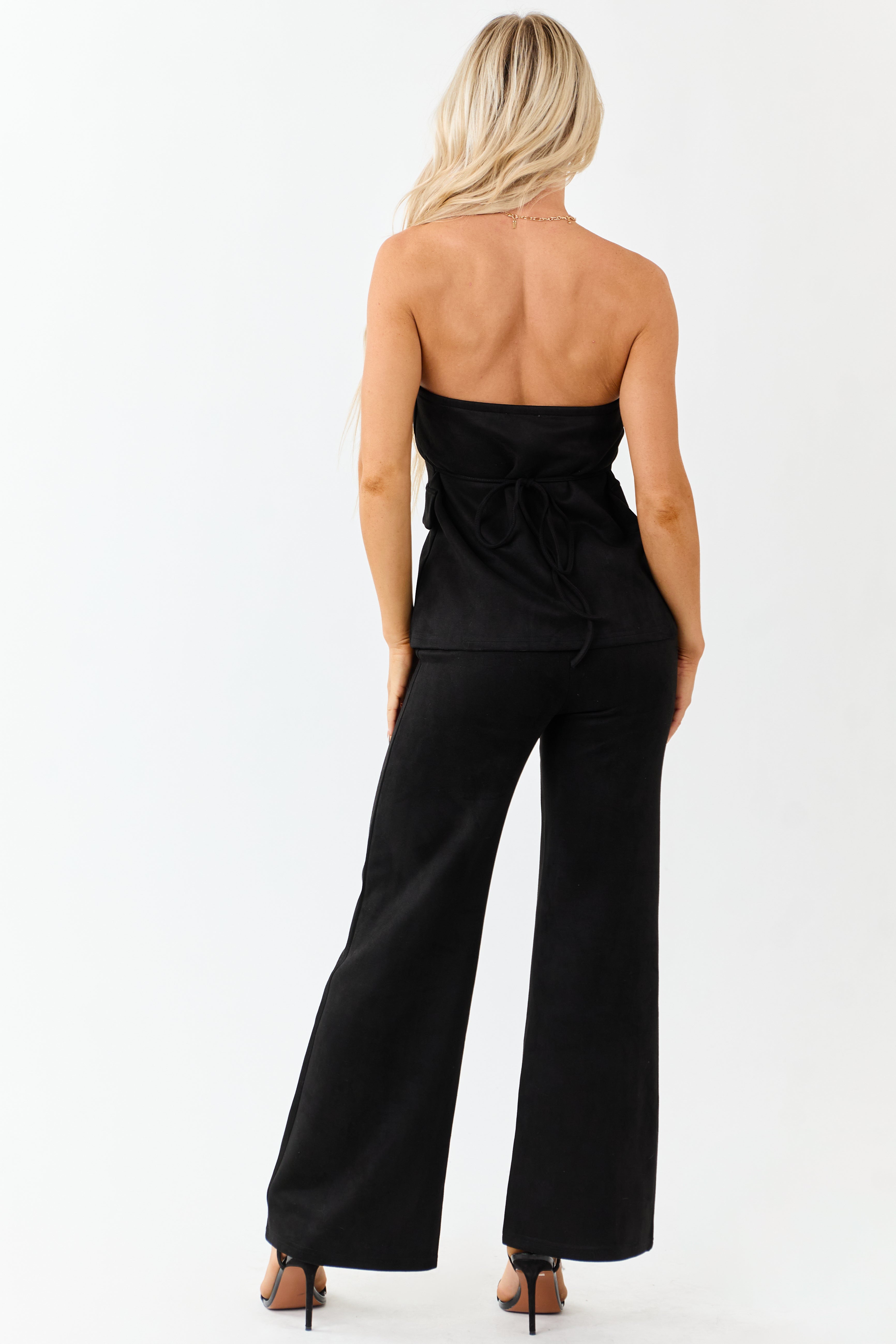 Black Faux Suede Strapless Top and Wide Leg Pant Set