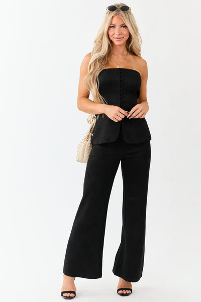 Black Faux Suede Strapless Top and Wide Leg Pant Set
