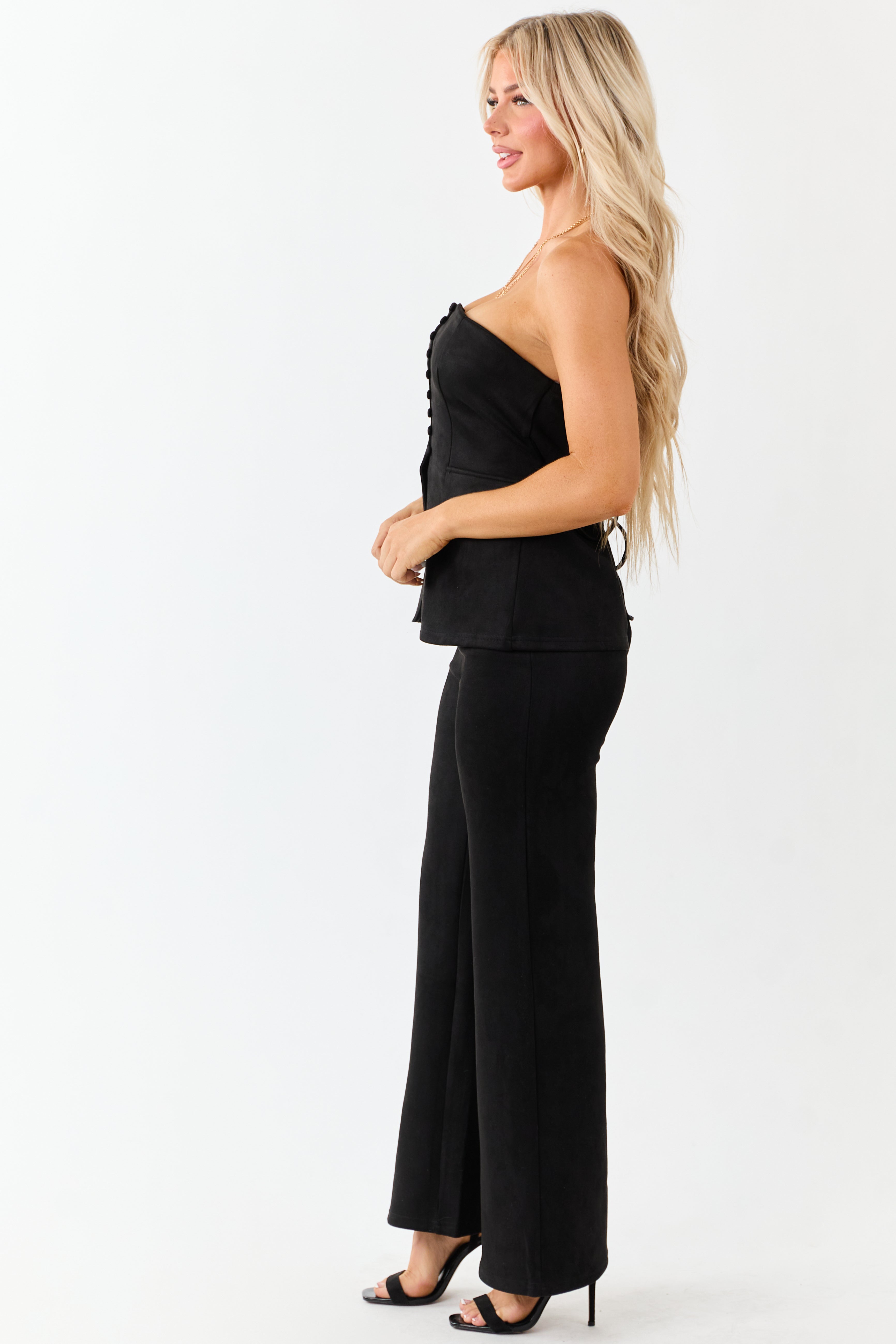 Black Faux Suede Strapless Top and Wide Leg Pant Set