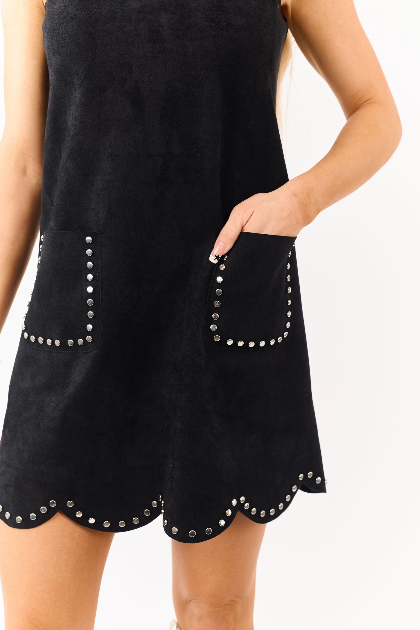 Black Faux Suede Studded Sleeveless Mini Dress