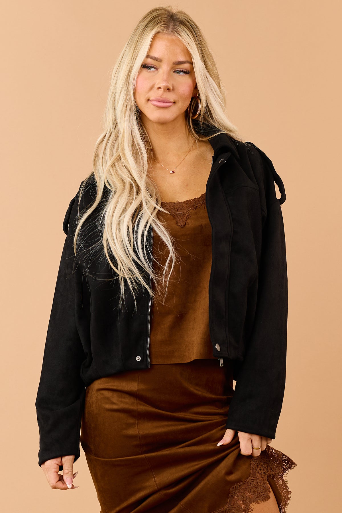 Black Faux Suede Zip Up Bomber Jacket