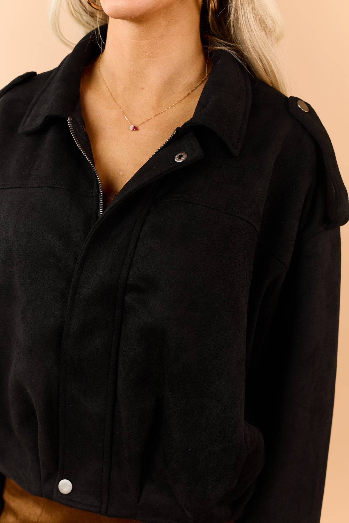 Black Faux Suede Zip Up Bomber Jacket