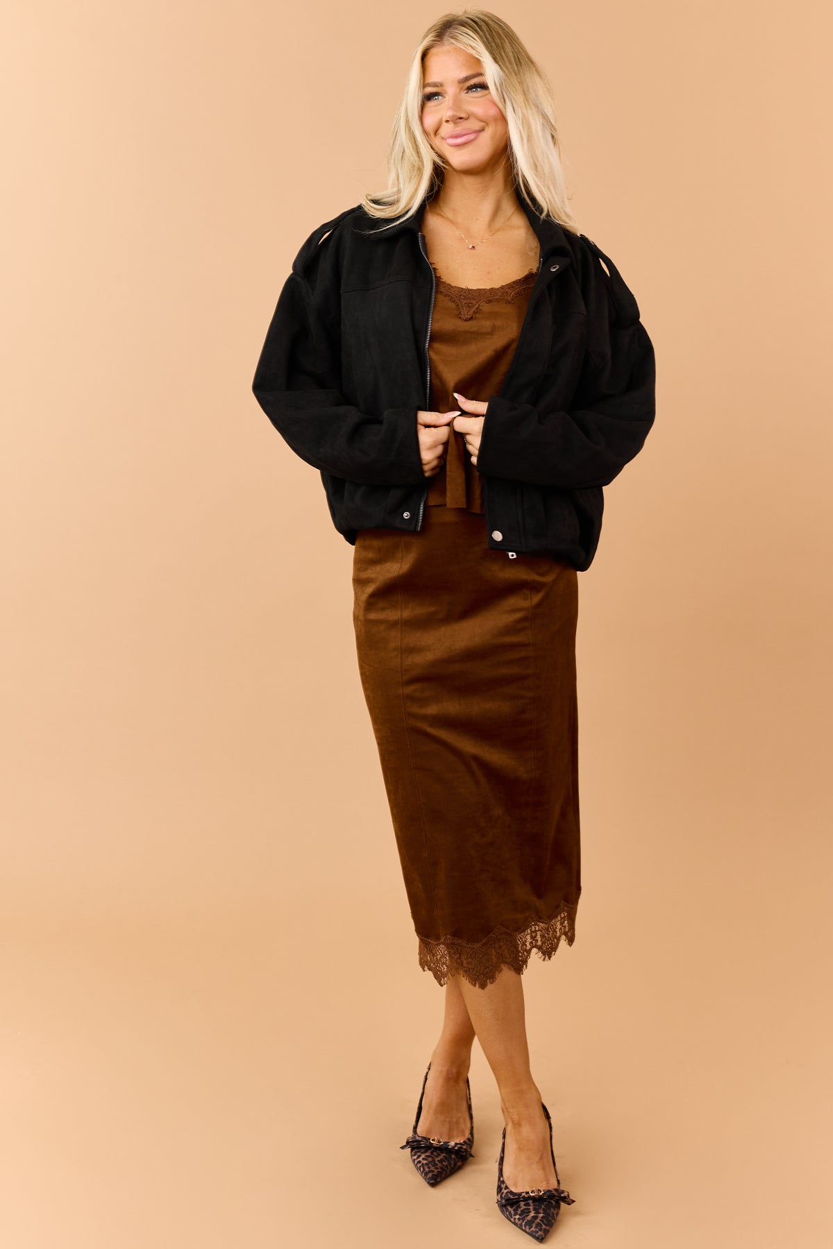 Black Faux Suede Zip Up Bomber Jacket
