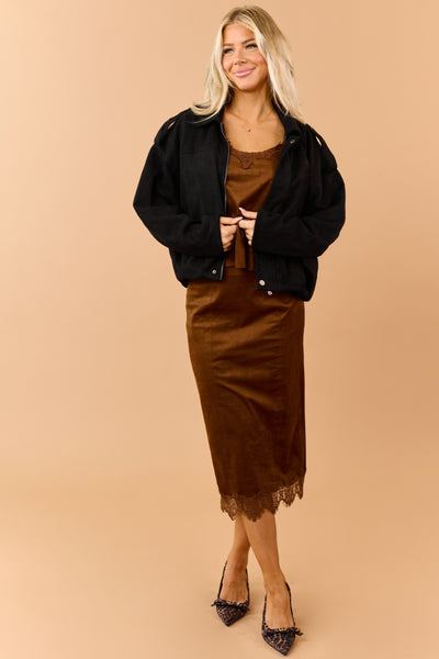 Black Faux Suede Zip Up Bomber Jacket