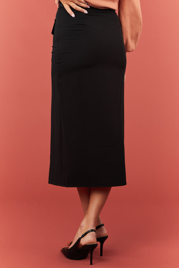 Black Flap Pocket Belted Slit Midi Skirt
