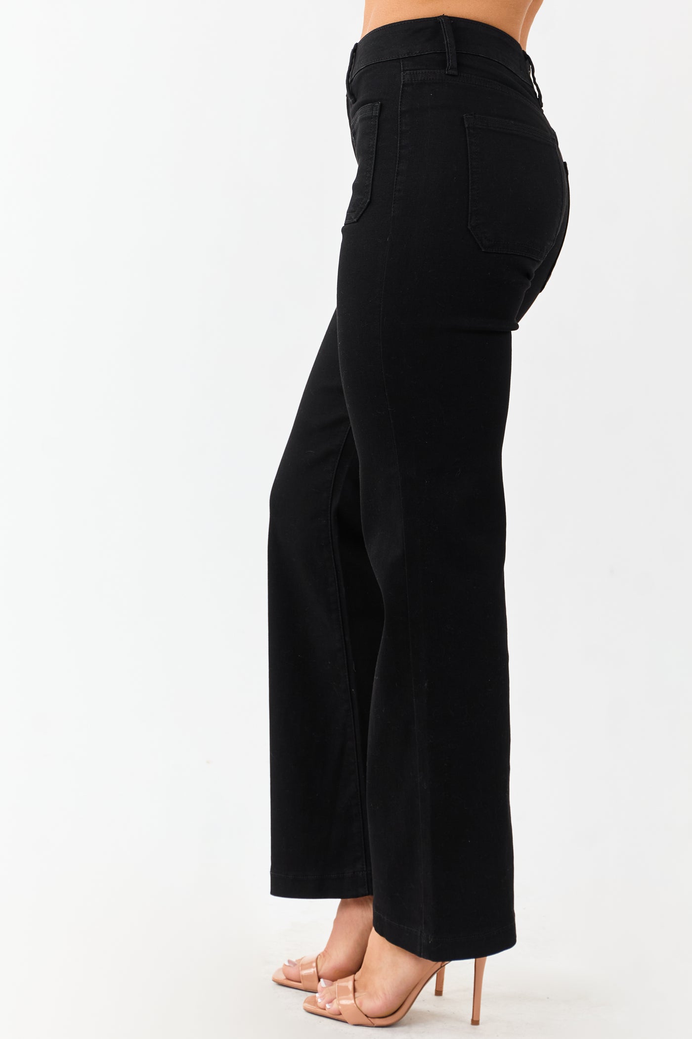 Black Flare Leg Stretchy Patch Pocket Jeans
