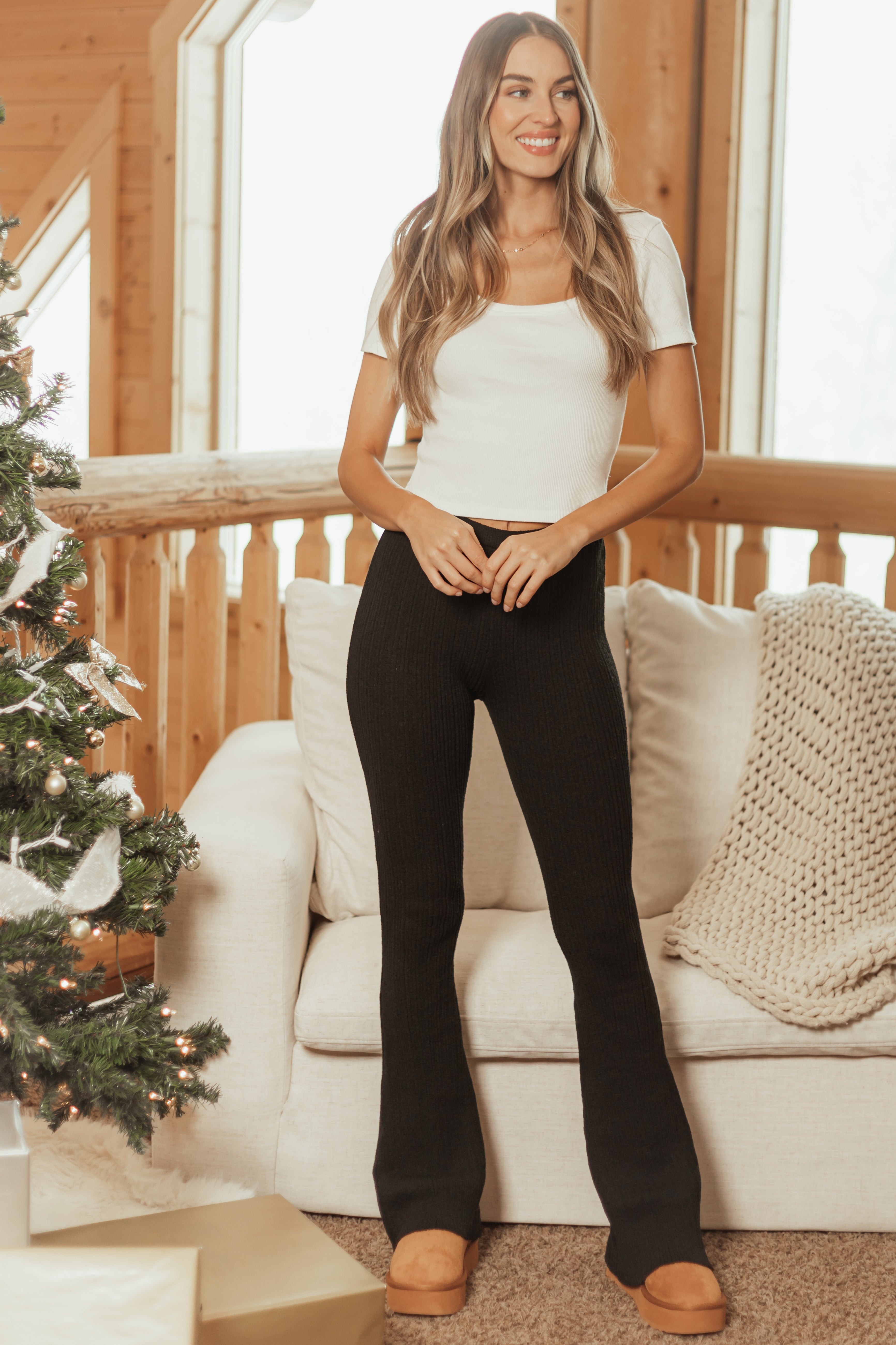 Black Flare Leg Stretchy Ribbed Knit Pants | Lime Lush Boutique