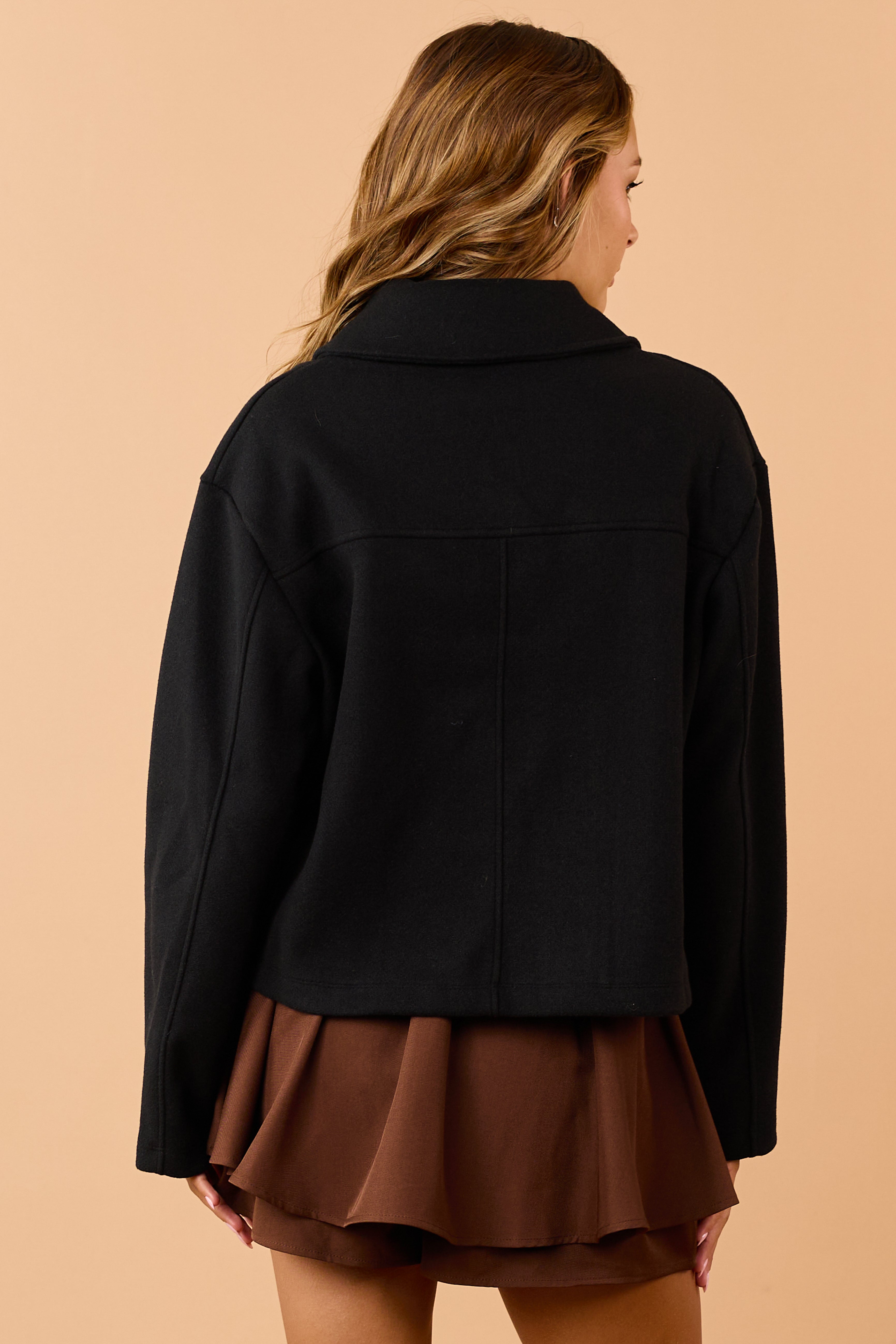 Black Fleece Lapel Collar Double Breasted Coat