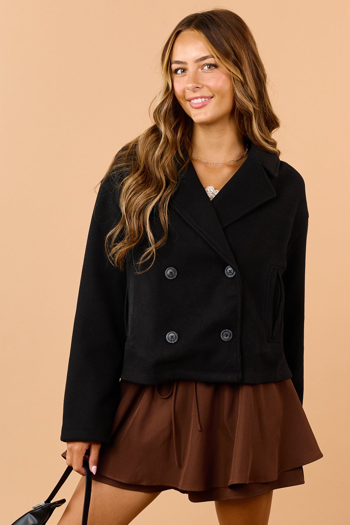 Black Fleece Lapel Collar Double Breasted Coat