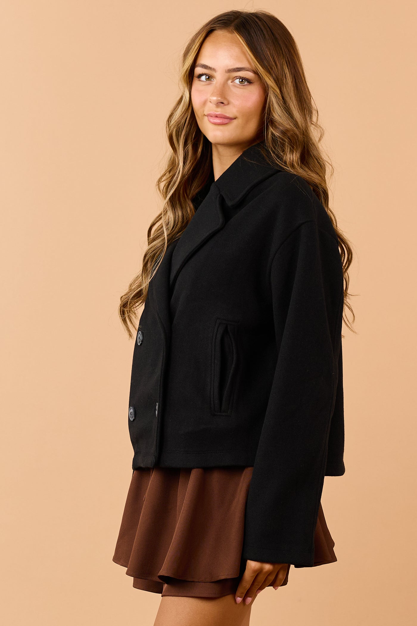 Black Fleece Lapel Collar Double Breasted Coat
