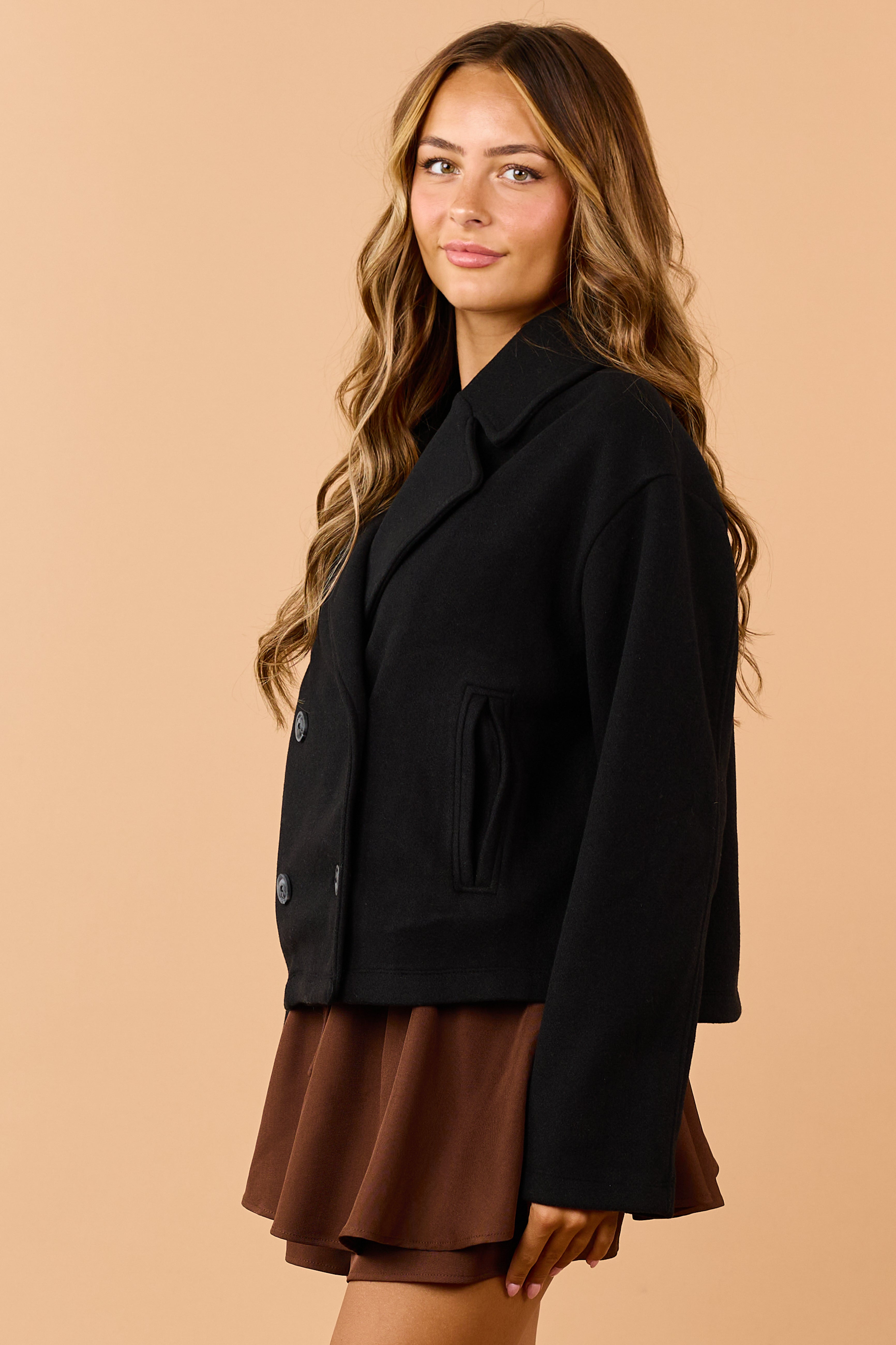 Black Fleece Lapel Collar Double Breasted Coat