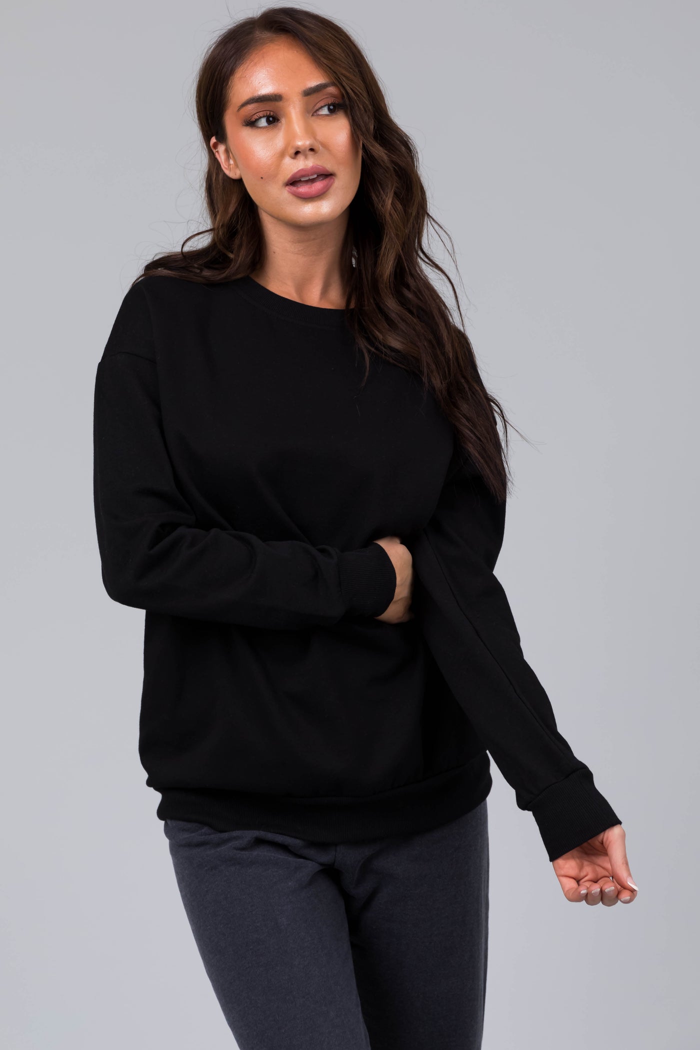 Black Fleece Lined Longline Solid Sweatshirt