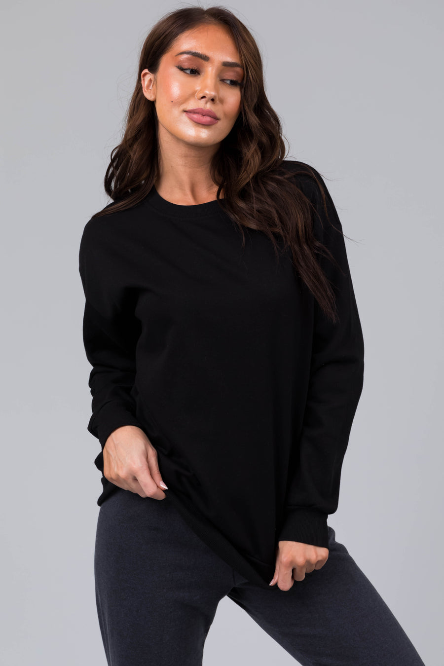 Black Fleece Lined Longline Solid Sweatshirt
