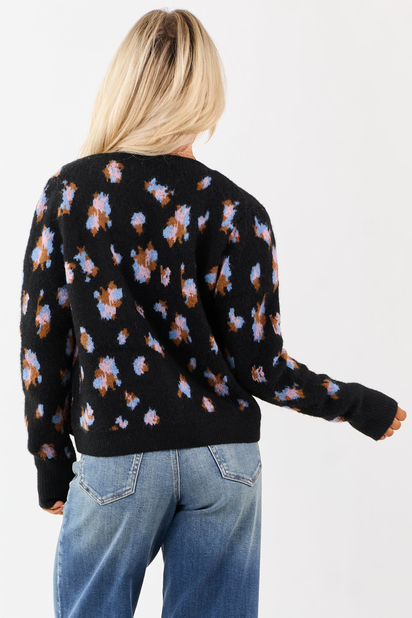 Black Floral Button Up Wool Blend Knit Cardigan