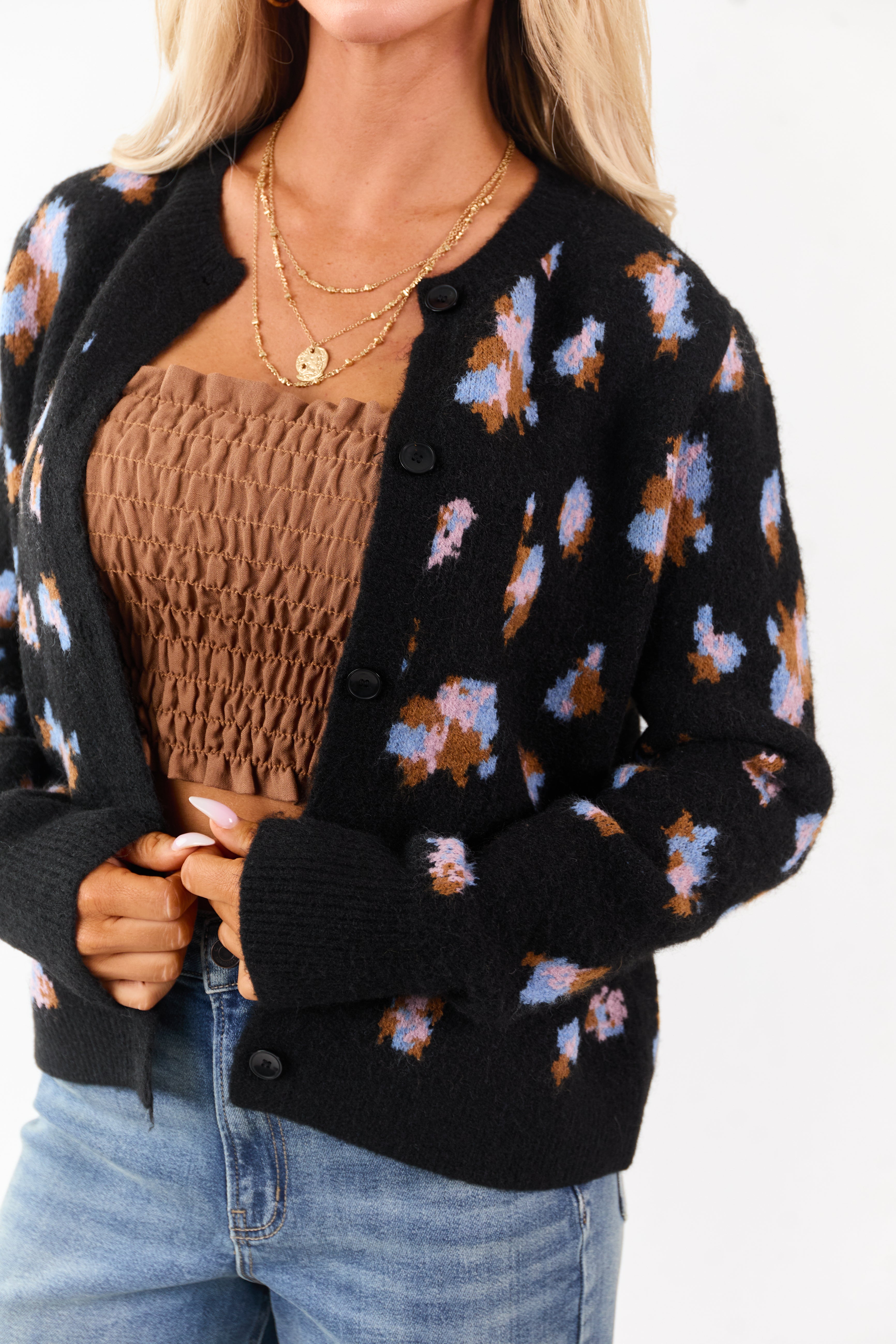 Black Floral Button Up Wool Blend Knit Cardigan