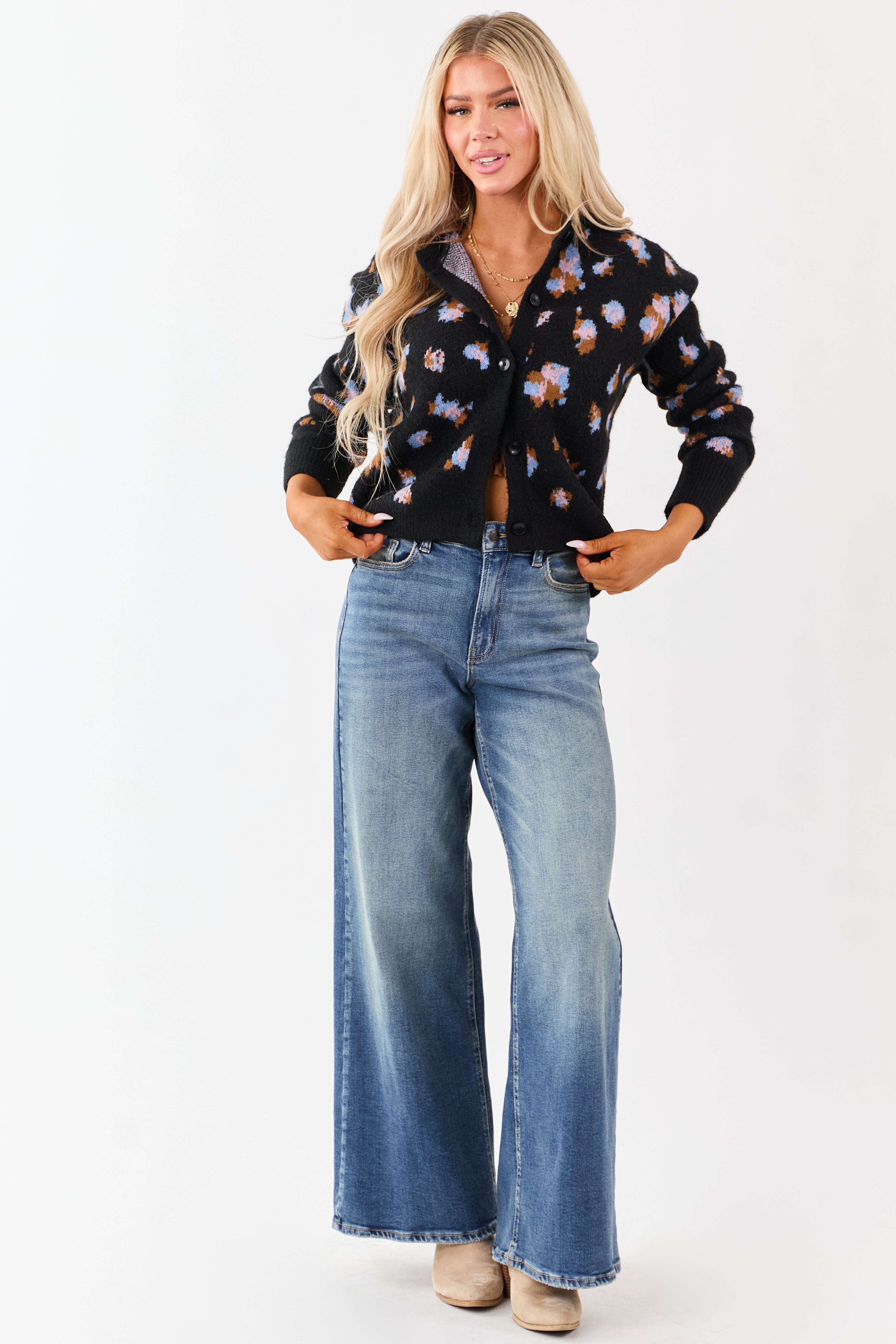 Black Floral Button Up Wool Blend Knit Cardigan