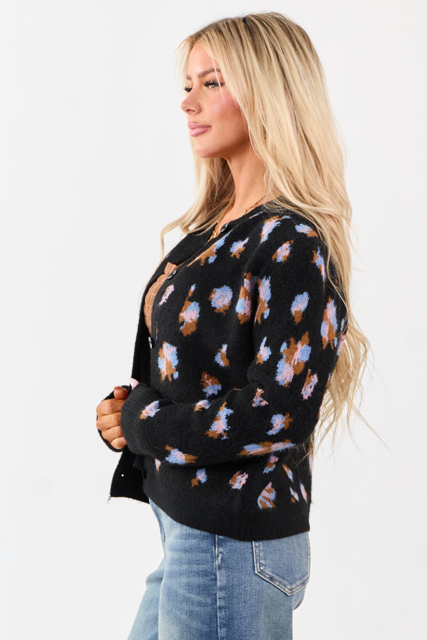Black Floral Button Up Wool Blend Knit Cardigan