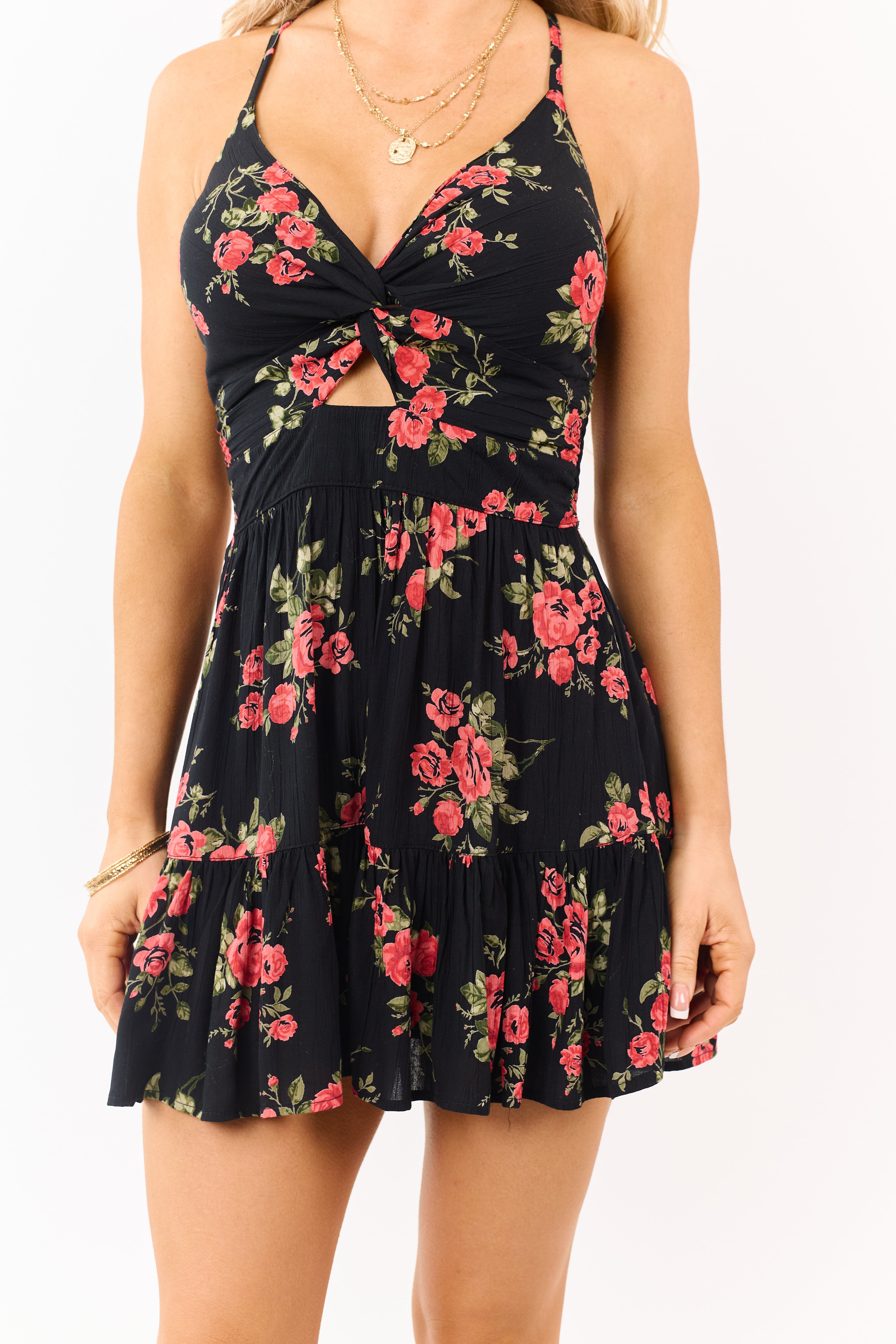 Black Floral Front Twist Sleeveless Ruffle Hem Romper
