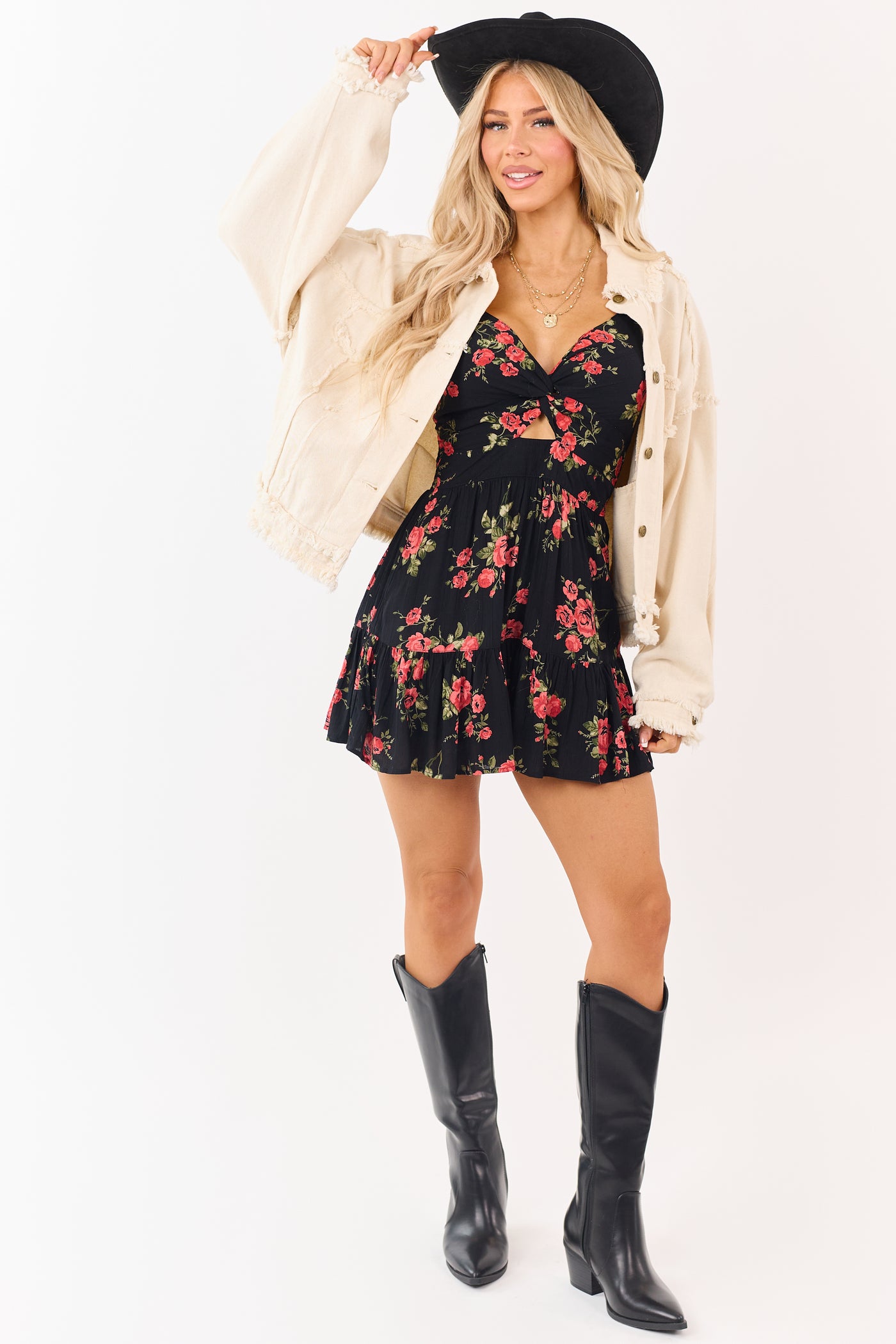 Black Floral Front Twist Sleeveless Ruffle Hem Romper