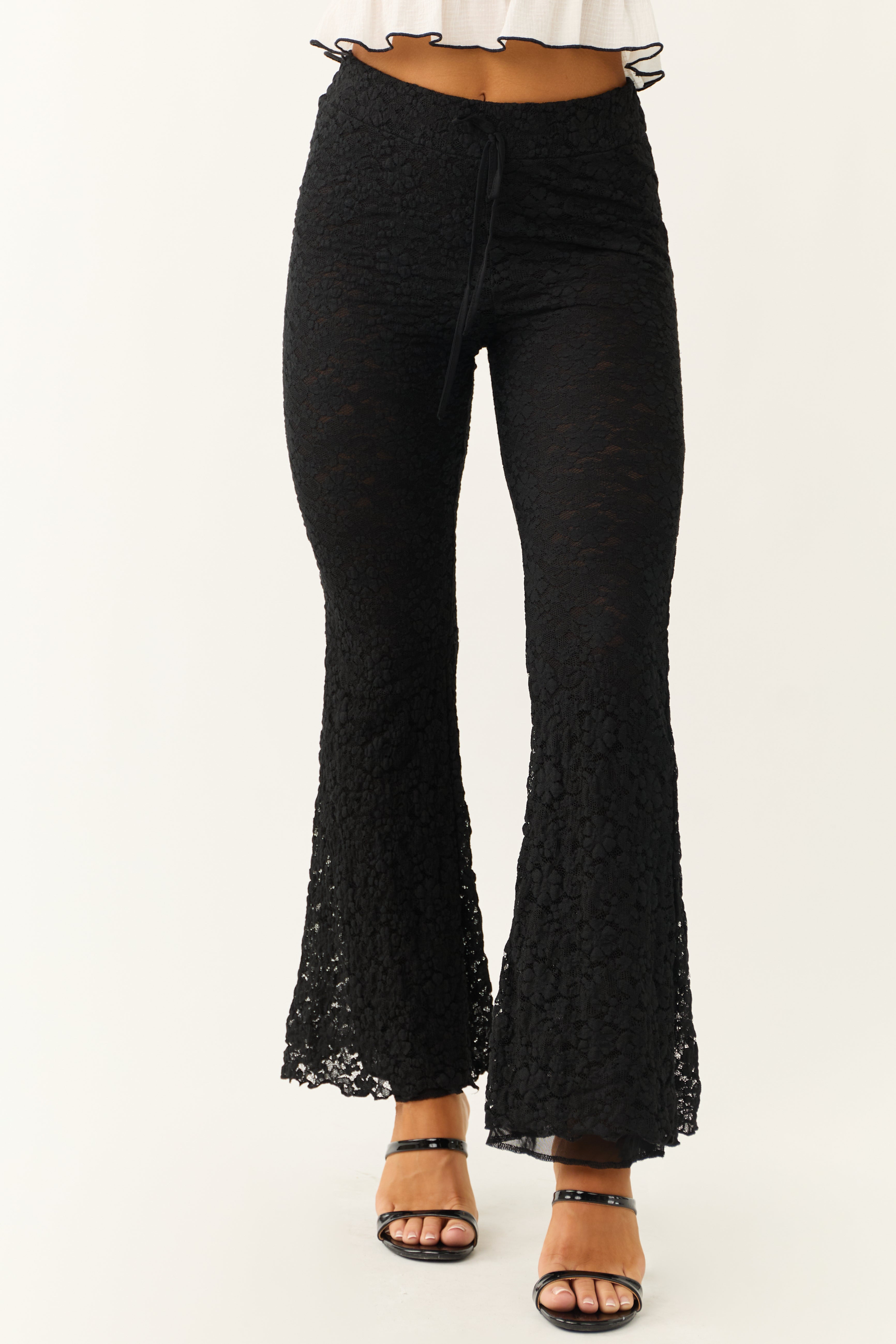 Black Floral Lace Flare Leg Waist Tie Pants | Lime Lush Boutique