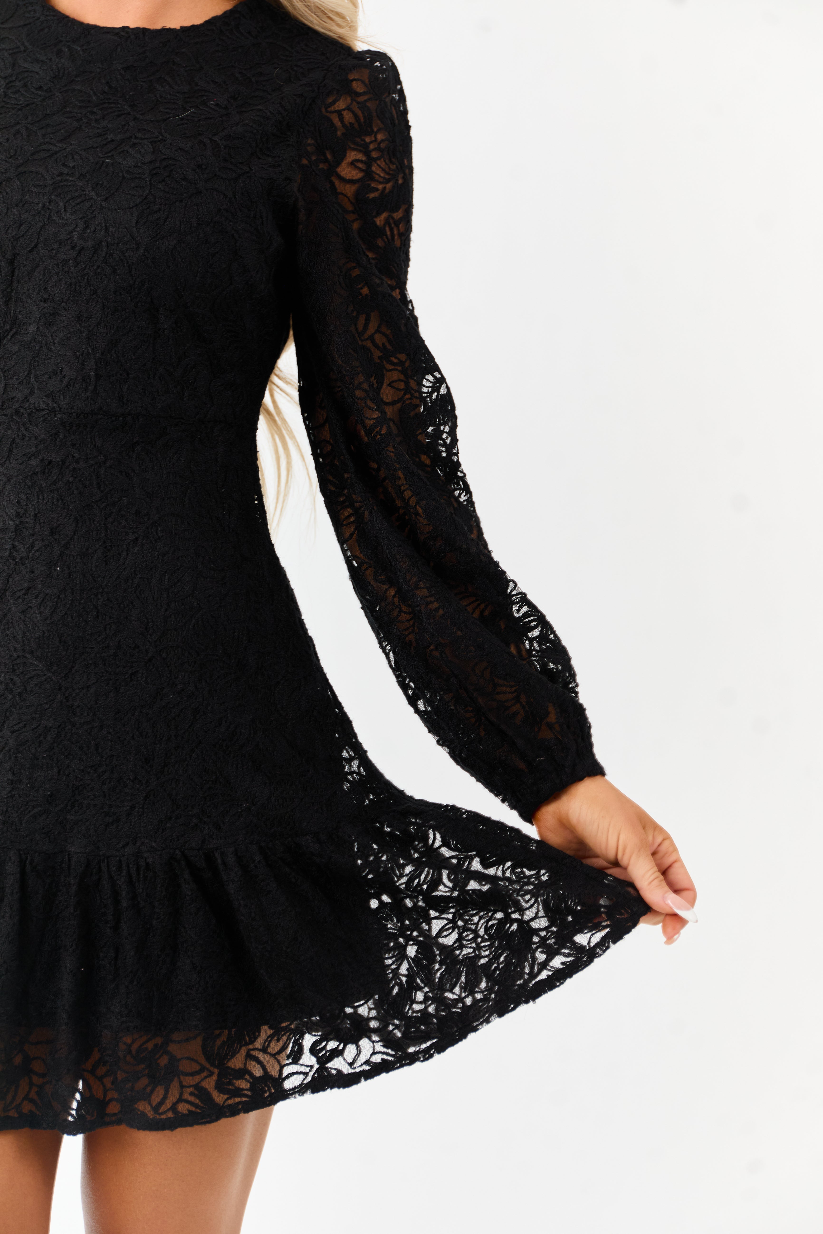 Black Floral Lace Long Sleeve Ruffle Hem Mini Dress
