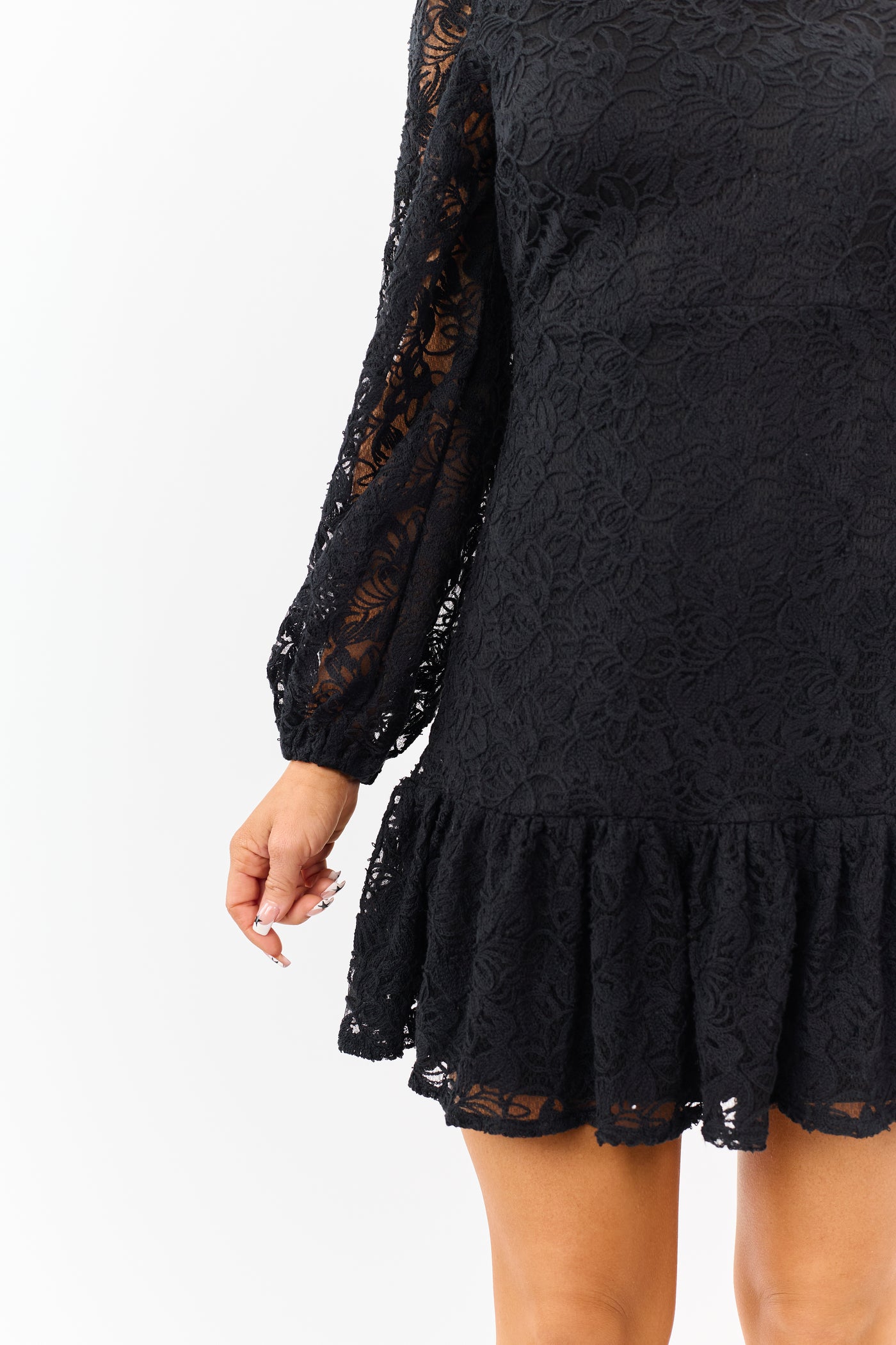 Black Floral Lace Long Sleeve Ruffle Hem Mini Dress