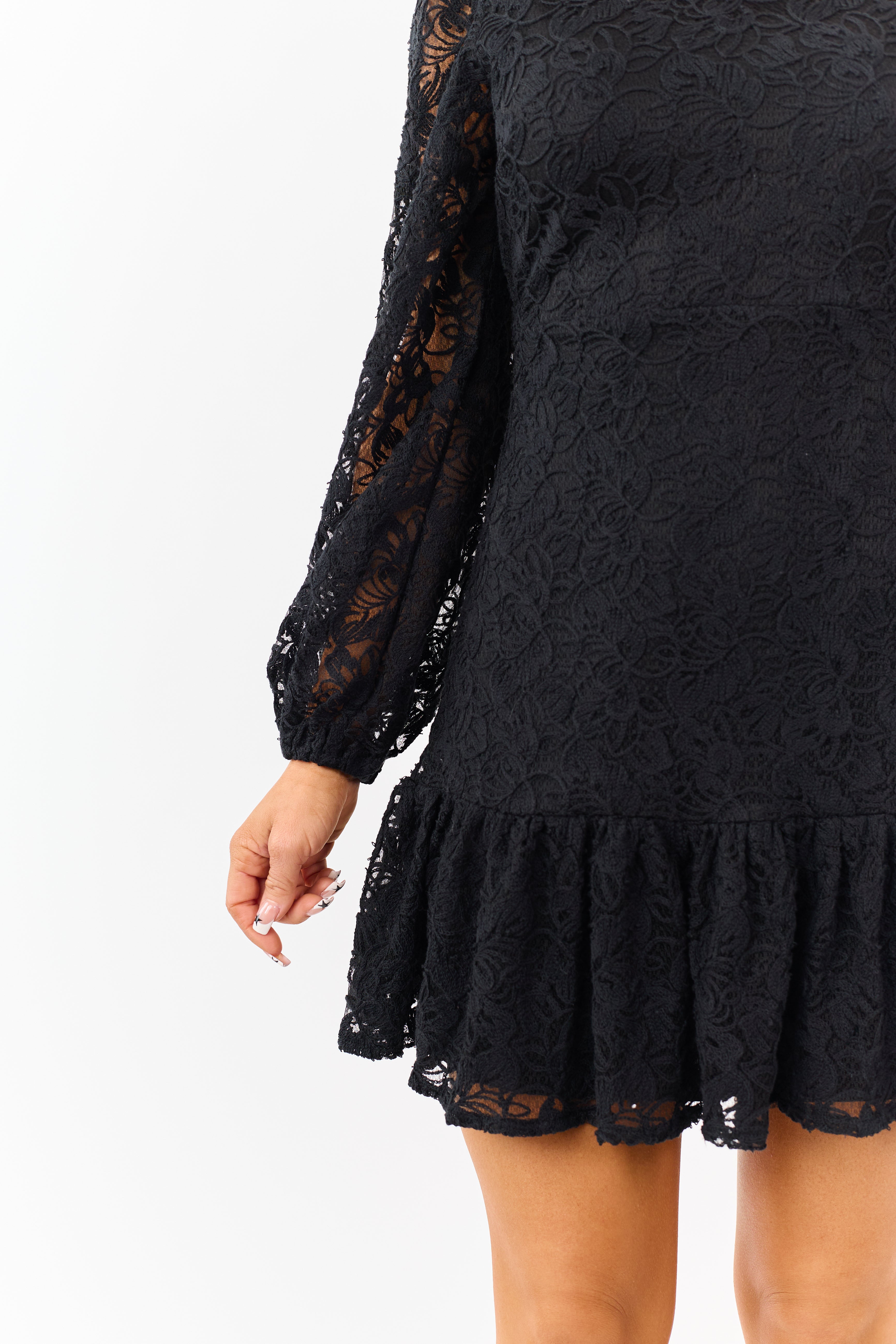 Black Floral Lace Long Sleeve Ruffle Hem Mini Dress