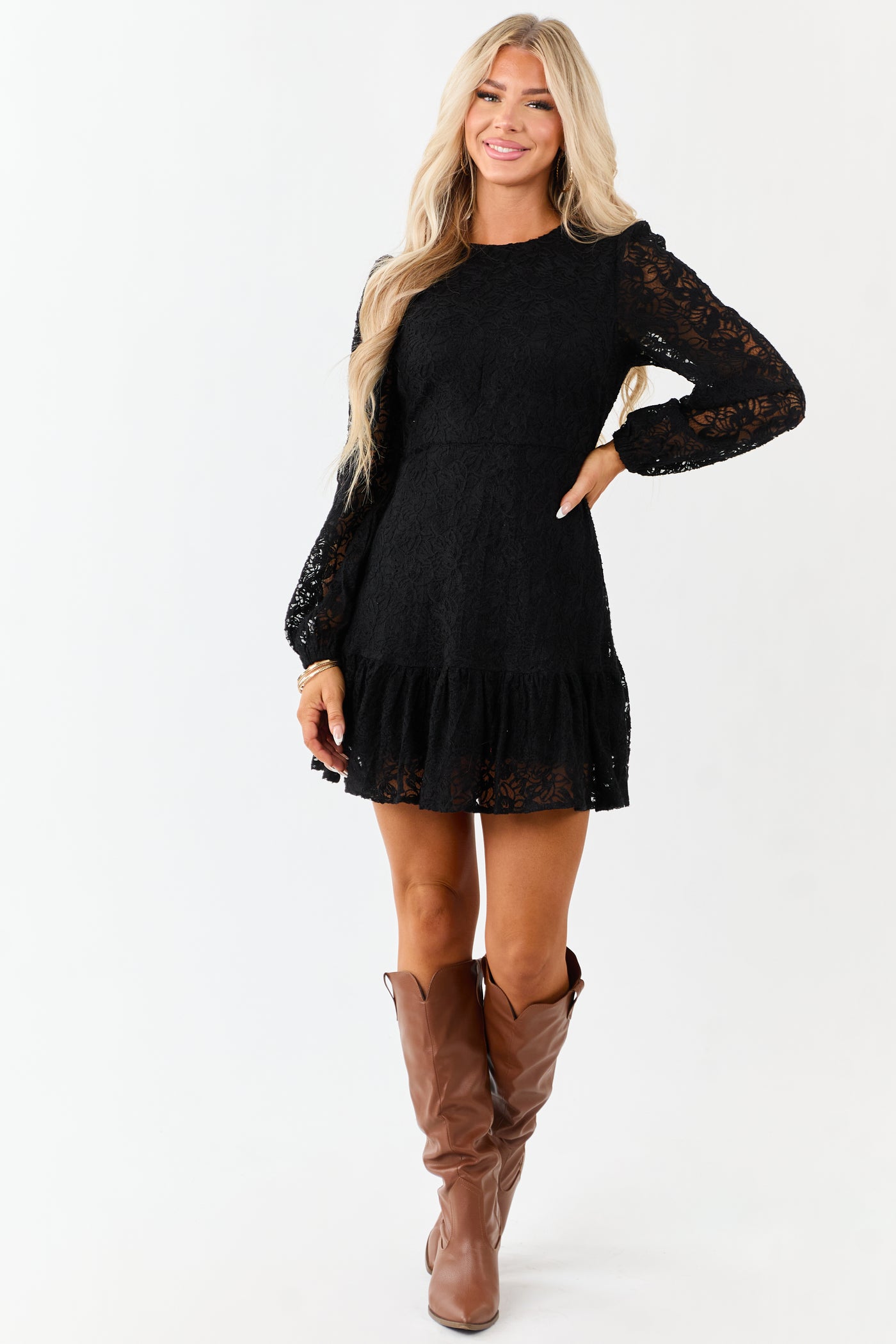 Black Floral Lace Long Sleeve Ruffle Hem Mini Dress