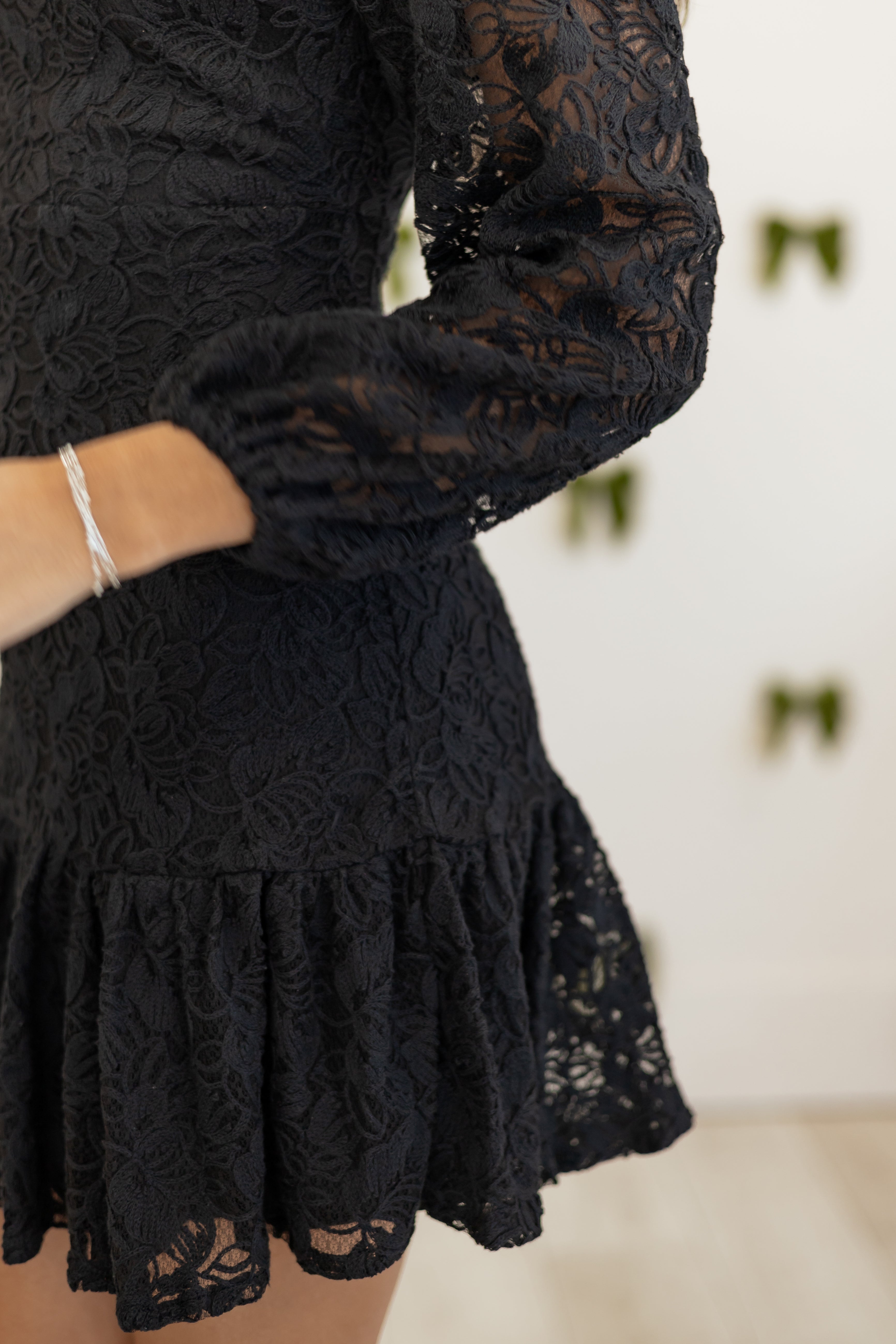 Black Floral Lace Long Sleeve Ruffle Hem Mini Dress