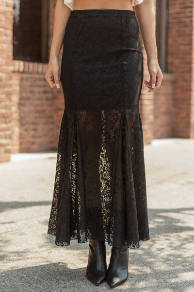 Black Floral Lace Mermaid Hem Maxi Skirt