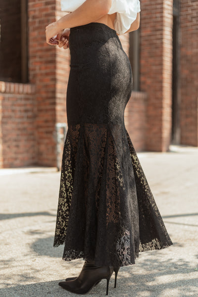 Black Floral Lace Mermaid Hem Maxi Skirt