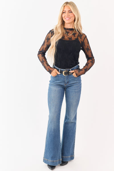 Black Floral Mesh Lace Mock Neck Long Sleeve Top